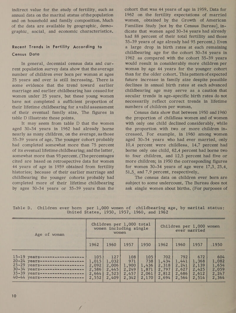 indirect value for the study of fertility, such as annual data on the marital status of the population and on household and family composition. Much of the data are available by geographic, demo- graphic, social, and economic characteristics. Recent Trends in Fertility According to Census Data In general, decennial census data and cur- rent population survey data show that the average number of children ever born per woman at ages 25 years and over is still increasing. There is some evidence that the trend toward earlier marriage and earlier childbearing has ceased for women under 25 years, but these young women have not completed a sufficient proportion of their lifetime childbearing for avalid assessment of their eventual family size. The figures in table D illustrate these points. It may seem from table D that the women aged 30-34 years in 1962 had already borne nearly as many children, on the average, as those 35-39 years of age. The younger cohort probably had completed somewhat more than 75 percent of its eventual lifetime childbearing; andthe latter, somewhat more than 93 percent. (The percentages cited are based on retrospective data for women 44 years of age in 1959 obtained from fertility histories; because of their earlier marriage and childbearing the younger cohorts probably had completed more of their lifetime childbearing by ages 30-34 years or 35-39 years than the cohort that was 44 years of age in 1959, Data for 1962 on the fertility expectations of married women, obtained by the Growth of American Families Study [not by the Census Bureau], in- dicate that women aged 30-34 years had already had 88 percent of their total fertility and those 35-39 years of age already had 95 percent.) Even a large drop in birth rates at each remaining childbearing age for the cohort 30-34 years in 1962 as compared with the cohort 35-39 years would result in considerably more children per woman by age 44 years for the younger cohort than for the older cohort. This pattern of expected future increase in family size despite possible declines in annual birth rates at each advanced childbearing age may serve as a caution that secular trends in age-specific birth rates do not necessarily reflect correct trends in lifetime numbers of children per woman. Census data show that between 1950 and 1960 the proportion of childless women and of women with only one child declined considerably, while the proportion with two or more children in- creased, For example, in 1960 among women aged 30-34 years who had ever married, only 10.4 percent were childless, 14.7 percent had borne only one child, 62.4 percent had borne two to four children, and 12.5 percent had five or more children; in 1950 the corresponding figures for women 30-34 years of age were 17.3, 23.4, 51.5, and 7.9 percent, respectively. The census data on children ever born are subject to some undercount, The Bureau does not ask single women about births. (For purposes of    Age of woman    Children per 1,000 women ever married