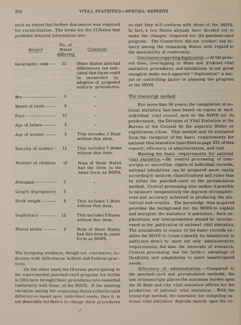 such an extent that further discussion was required for reconciliation. The items for the 31 States that provided detailed information are: No. of Subject States Comment differing Geographic code --- 15 Other States alsohad differences but indi- cated that these could be reconciled by adoption of proposed uniform procedures. Sex ---------------- 3) - Month of birth ----- 6 - Race --------------- 10 - Age of father------- 3 - Age of mother ----- 3 This includes 1 State without this item. This includes 7 States without this item. Nativity of mother- 12 Number of children 2 None of these States had the item in the same form as NOVS. Attendant =---=-=--==2 (i - Length of pregnancy 3 - This includes 1 State Birth weight ------- 8 without this item. Legitimacy -------- 12 This includes 3 States without this item. Plural births ------ 8 None of these States had this itemin same form as NOVS. The foregoing evidence, though not conclusive, in- dicates wide differences in State and Federal prac- tices. On the other hand, the 18 areas participating in the experimental punched-card program for births in 1955 have brought their procedures into essential conformity with those of the NOVS. If the existing variation among the remaining States reflects valid differences based upon individual needs, then it is not desirable for States to change their procedures A so that they will conform with those of the NOVS. In fact, a few States already have decided not to make the changes required for the punched-card program. The Committee did not conduct any in- quiry among the remaining States with regard to the desirability of conformity. Conclusion regarding duplication. —At the pres- ent time, overlapping in State and Federal vital statistics procedures and tabulations is not great enough to make such apparent ''duplication'' a ma- jor or controlling factor in planning the program of the NOVS. The transcript method For more than 50 years, the compilation of na- tional statistics has been based on copies of each individual vital record sent to the NOVS (or its predecessor, the Division of Vital Statistics in the Bureau of the Census) by the separate States or registration cities. This method may be evaluated from the viewpoint of the basic requirements for national vital statistics (specified on page 231 ofthis report), efficiency of administration, and cost. Meeting the basic requirements for national vital statistics.—By central processing of tran- scripts or microfilm copies of individual records, national tabulations can be prepared more easily according to uniform classifications and rules than by either the punched-card or the pretabulation method. Central processing also makes it possible to measure inexpensively the degrees of complete- ness and accuracy achieved in producing the sta- tistical end-results. The knowledge thus acquired provides the background for the NOVS to explain and interpret the statistics it publishes. Such ex- planations and interpretations should be incorpo- rated in the publication of national vital statistics. The availability of copies of the basic records en- ables the NOVS to cross-classify its tabulations in sufficient detail to meet not only administrative requirements, but also the interests of research. Central processing has the further advantage of flexibility and adaptability to meet unanticipated needs. | Efficiency of administration.—Compared to the punched-card and pretabulation methods, the use oftranscripts places the minimum burden upon the 56 State and city vital statistics offices for the production of national vital statistics. With the transcript method, the timetable for compiling na- tional vital statistics depends mainly upon the re- 