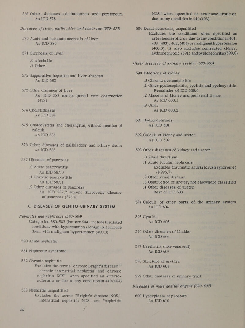 Diseases of liver, gallbladder and pancreas (570-577) 570 Acute and subacute necrosis of liver As ICD 580 571 Cirrhosis of liver .O Alcoholic .9 Other 572 Suppurative hepatitis and liver abscess As ICD 582 573 Other diseases of liver As ICD 583 except portal vein obstruction (452) 574 Cholelithiasis As ICD 584 575 Cholecystitis and cholangitis, without mention of calculi As ICD 585 576 Other diseases of gallbladder and biliary ducts As ICD 586 577 Diseases of pancreas .O Acute pancreatitis As ICD 587.0 .l Chronic pancreatitis As ICD 587.1 .9 Other diseases of pancreas As ICD 587.2 except fibrocystic disease of pancreas (273.0) 7 X. DISEASES OF GENITO-URINARY SYSTEM Nephritis and nephrosis (580-584) Categories 580-583 (but not 584) include the listed conditions with hypertension (benign) but exclude them with malignant hypertension (400.3) 580 Acute nephritis 581 Nephrotic syndrome 582 Chronic nephritis Excludes the terms ''chronic Bright's disease, chronic interstitial nephritis and ''chronic nephritis NOS when specified as arterio- sclerotic or due to any condition in 440(403) 583 Nephritis unqualified Excludes the terms ''Bright's disease NOS, interstitial nephritis NOS' and nephritis 46 f NOS'! when specified as arteriosclerotic or 584 Renal sclerosis, unqualified Excludes the conditions when specified as arteriosclerotic or due to any condition in 401, 403 (403), 402, (404) or malignant hypertension (400.3). It also excludes contracted kidney, hydronephrotic (591) and pyelonephritic(590.0) Other diseases of urinary system (590-599) 590 Infections of kidney .O Chronic pyelonephritis .1 Other pyelonephritis, pyelitis and pyelocystitis Remainder of ICD 600.0 .2 Abscess of kidney and perirenal tissue As ICD 600.1 .9 Other As ICD 600.2 991 Hydronephrosis As ICD 601 5992 Calculi of kidney and ureter As ICD 602 593 Other diseases of kidney and ureter -O Renal dwarfism .l Acute tubular nephrosis Excludes traumatic anuria (crush syndrome) (N996.7) .2 Other renal disease .3 Obstruction of ureter, not elsewhere classified .4 Other diseases of ureter Rest of ICD 603 594 Calculi of other parts of the urinary system As ICD 604 595 Cystitis As ICD 605 596 Other diseases of bladder As ICD 606 597 Urethritis (non-venereal) As ICD 607 598 Stricture of urethra As ICD 608 599 Other diseases of urinary tract Diseases of male genital organs (600-607) 600 Hyperplasia of prostate As ICD 610