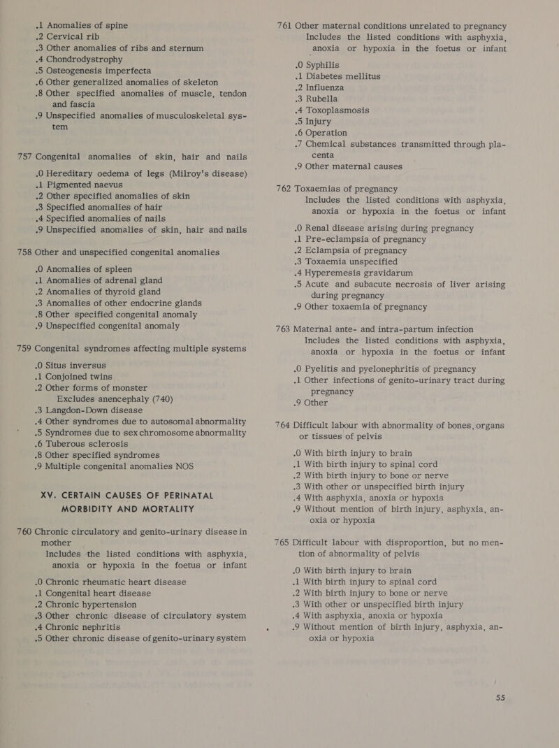 .2 Cervical rib .3 Other anomalies of ribs and sternum .4 Chondrodystrophy .) Osteogenesis imperfecta .6 Other generalized anomalies of skeleton .8 Other specified anomalies of muscle, tendon and fascia .9 Unspecified anomalies of musculoskeletal sys- tem .0 Hereditary oedema of legs (Milroy's disease) .1 Pigmented naevus .2 Other specified anomalies of skin .3 Specified anomalies of hair .4 Specified anomalies of nails -9 Unspecified anomalies of skin, hair and nails .0 Anomalies of spleen .l Anomalies of adrenal gland .2 Anomalies of thyroid gland .o Anomalies of other endocrine glands .8 Other specified congenital anomaly .9 Unspecified congenital anomaly .0 Situs inversus .1 Conjoined twins | .2 Other forms of monster Excludes anencephaly (740) .3 Langdon-Down disease .4 Other syndromes due to autosomal abnormality .o Syndromes due to sex chromosome abnormality .6 Tuberous sclerosis .8 Other specified syndromes .9 Multiple congenital anomalies NOS XV. CERTAIN CAUSES OF PERINATAL MORBIDITY AND MORTALITY mother Includes the listed conditions with asphyxia, anoxia or hypoxia in the foetus or infant .0 Chronic rheumatic heart disease .1 Congenital heart disease .2 Chronic hypertension .3 Other chronic disease of circulatory system .4 Chronic nephritis .o Other chronic disease of genito-urinary system Includes the listed conditions with asphyxia, anoxia or hypoxia in the foetus or infant centa Includes the listed conditions with asphyxia, anoxia or hypoxia in the foetus or infant during pregnancy Includes the listed conditions with asphyxia, anoxia or hypoxia in the foetus or infant pregnancy or tissues of pelvis oxia or hypoxia tion of abnormality of pelvis oxia or hypoxia