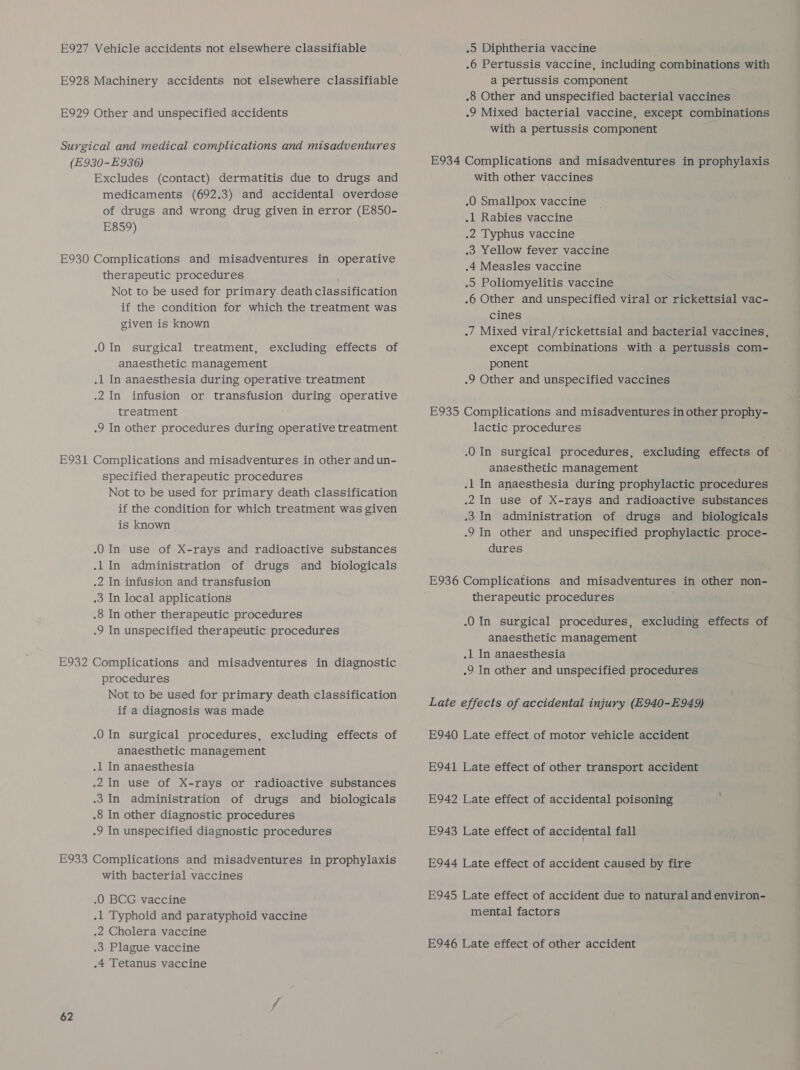 E927 Vehicle accidents not elsewhere classifiable E928 Machinery accidents not elsewhere classifiable E929 Other and unspecified accidents Surgical and medical complications and misadventures (E930-E936) Excludes (contact) dermatitis due to drugs and medicaments (692.3) and accidental overdose of drugs and wrong drug given in error (E850- E859) E930 Complications and misadventures in operative therapeutic procedures Not to be used for primary death classification if the condition for which the treatment was given is known .0In surgical treatment, excluding effects of anaesthetic management .1 In anaesthesia during operative treatment .2In infusion or transfusion during operative treatment .9 In other procedures during operative treatment E931 Complications and misadventures in other and un- specified therapeutic procedures Not to be used for primary death classification if the condition for which treatment was given is known .0In use of X-rays and radioactive substances -lIn administration of drugs and biologicals .2 In infusion and transfusion .3 In local applications .8 In other therapeutic procedures .9 In unspecified therapeutic procedures E932 Complications and misadventures in diagnostic procedures Not to be used for primary death classification if a diagnosis was made .0 In surgical procedures, excluding effects of anaesthetic management .1 In anaesthesia .2In use of X-rays or radioactive substances .3In administration of drugs and biologicals .8 In other diagnostic procedures -9 In unspecified diagnostic procedures E933 Complications and misadventures in prophylaxis with bacterial vaccines .0 BCG vaccine .1 Typhoid and paratyphoid vaccine .2 Cholera vaccine .3 Plague vaccine .4 Tetanus vaccine 62 .) Diphtheria vaccine .6 Pertussis vaccine, including combinations with a pertussis component .8 Other and unspecified bacterial vaccines .9 Mixed bacterial vaccine, except combinations with a pertussis component E934 Complications and misadventures in prophylaxis with other vaccines .0 Smallpox vaccine .1 Rabies vaccine .2 Typhus vaccine .3 Yellow fever vaccine .4 Measles vaccine .o Poliomyelitis vaccine .6 Other and unspecified viral or rickettsial vac- cines ./ Mixed viral/rickettsial and bacterial vaccines, except combinations with a pertussis com- ponent .9 Other and unspecified vaccines E935 Complications and misadventures in other prophy- lactic procedures .0 In surgical procedures, excluding effects of anaesthetic management -1 In anaesthesia during prophylactic procedures .2In use of X-rays and radioactive substances .3In administration of drugs and biologicals .JIn other and unspecified prophylactic proce- dures E936 Complications and misadventures in other non- therapeutic procedures -.0 In surgical procedures, excluding effects of anaesthetic management .1 In anaesthesia .9 In other and unspecified procedures Late effects of accidental injury (E940-E949) E940 Late effect of motor vehicle accident E941 Late effect of other transport accident E942 Late effect of accidental poisoning E943 Late effect of accidental fall E944 Late effect of accident caused by fire E945 Late effect of accident due to natural and environ- mental factors E946 Late effect of other accident