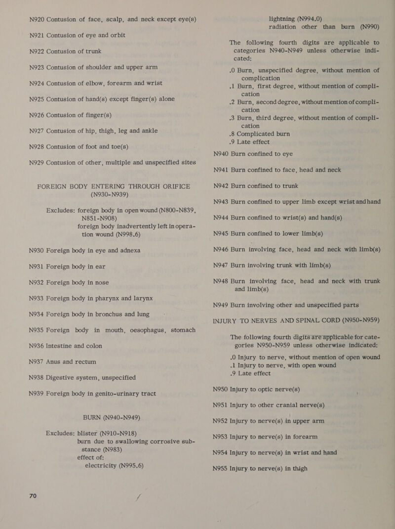 N920 Contusion of face, scalp, and neck except eye(s) N921 Contusion of eye and orbit N922 Contusion of trunk N923 Contusion of shoulder and upper arm N924 Contusion of elbow, forearm and wrist N925 Contusion of hand(s) except finger(s) alone N926 Contusion of finger(s) N927 Contusion of hip, thigh, leg and ankle N928 Contusion of foot and toe(s) N929 Contusion of other, multiple and unspecified sites FOREIGN BODY ENTERING THROUGH ORIFICE (N930-N939) Excludes: foreign body in open wound (N800-N839, N851-N908) foreign body inadvertently left in opera- tion wound (N998.6) N930 Foreign body in eye and adnexa N931 Foreign body in ear N932 Foreign body in nose N933 Foreign body in pharynx and larynx N934 Foreign body in bronchus and lung N935 Foreign body in mouth, oesophagus, stomach N936 Intestine and colon N937 Anus and rectum N938 Digestive system, unspecified N939 Foreign body in genito-urinary tract BURN (N940-N949) Excludes: blister (N910-N918) burn due to swallowing corrosive sub- stance (N983) effect of: electricity (N995.6) 70 f lightning (N994.0) radiation other than burn (N990) The following fourth digits are applicable to categories N940-N949 unless otherwise indi- cated: .0 Burn, unspecified degree, without mention of complication .l1 Burn, first degree, without mention of compli- cation .2 Burn, second degree, without mention of compli- cation .3 Burn, third degree, without mention of compli- cation .8 Complicated burn 9 Late-effect N940 Burn confined to eye N941 Burn confined to face, head and neck N942 Burn confined to trunk N943 Burn confined to upper limb except wrist and hand N944 Burn confined to wrist(s) and hand(s) N945 Burn confined to lower limb(s) N946 Burn ga ali face, head and neck with limb(s) N947 Burn involving trunk with limb(s) N948 Burn involving face, head and neck with trunk and limb(s) N949 Burn involving other and unspecified parts INJURY TO NERVES AND SPINAL CORD (N950-N959) The following fourth digits are applicable for cate- gories N950-N959 unless otherwise indicated: .0 Injury to nerve, without mention of open wound .1 Injury to nerve, with open wound -9) Late effect N950 Injury to optic nerve(s) N951 Injury to other cranial nerve(s) N952 Injury to nerve(s) in upper arm N953 Injury to nerve(s) in forearm N954 Injury to nerve(s) in wrist and hand N955 Injury to nerve(s) in thigh