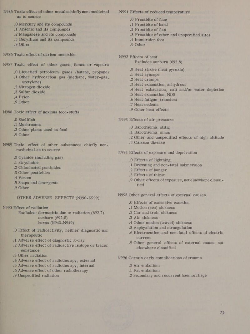 as to source .0 Mercury and its compounds .1 Arsenic and its compounds .2 Manganese and its compounds .3 Beryllium and its compounds .9 Other .0 Liquefied petroleum gases (butane, propane) .1 Other hydrocarbon gas (methane, water-gas, acetylene) .2 Nitrogen dioxide .3 Sulfur dioxide 4 Frion .9 Other .O Shellfish .1 Mushrooms .2 Other plants used as food .9 Other medicinal as to source .0 Cyanide (including gas) .1 Strychnine .2 Chlorinated pesticides .3 Other pesticides .4 Venom .9 Soaps and detergents .9 Other OTHER ADVERSE EFFECTS (N990-N999) Excludes: dermatitis due to radiation (692.7) sunburn (692.8) burns (N940-N949) .O Effect of radioactivity, neither diagnostic nor therapeutic .1 Adverse effect of diagnostic X-ray .2 Adverse effect of radioactive isotope or tracer substance .3 Other radiation .4 Adverse effect of radiotherapy, external .o Adverse effect of radiotherapy, internal .6 Adverse effect of other radiotherapy .9 Unspecified radiation -O Frostbite of face .l Frostbite of hand .2 Frostbite of foot .3 Frostbite of other and unspecified sites .4 Immersion foot .9 Other Excludes sunburn (692.8) .O Heat stroke (heat pyrexia) .l| Heat syncope .2 Heat cramps .3 Heat exhaustion, anhydrous .4 Heat exhaustion, salt and/or water depletion .o Heat exhaustion, NOS .6 Heat fatigue, transient .7 Heat oedema .9 Other heat effects .0 Barotrauma, otitic .1 Barotrauma, sinus .2 Other and unspecified effects of high altitude .3 Caisson disease .0 Effects of lightning .l1 Drowning and non-fatal submersion .2 Effects of hunger .3o Effects of thirst .9 Other effects of exposure, not elsewhere classi- fied .0 Effects of excessive exertion .1 Motion (sea) sickness .2 Car and train sickness .3 Air sickness .4 Other motion (travel) sickness .o Asphyxiation and strangulation .6 Electrocution and non-fatal effects of electric current .9 Other general effects of external causes not elsewhere classified .0 Air embolism .1 Fat embolism .2 Secondary and recurrent haemorrhage