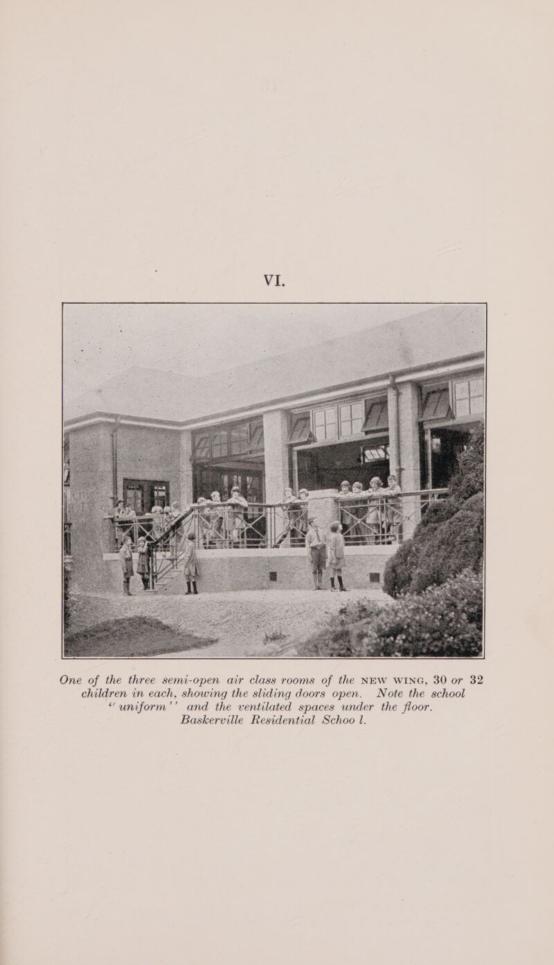  One of the three semi-open air class rooms of the NEW WING, 30 or 32 children in each, showing the sliding doors open. Note the school “uniform’’ and the ventilated spaces under the floor. Baskerville Residential Schoo 1.
