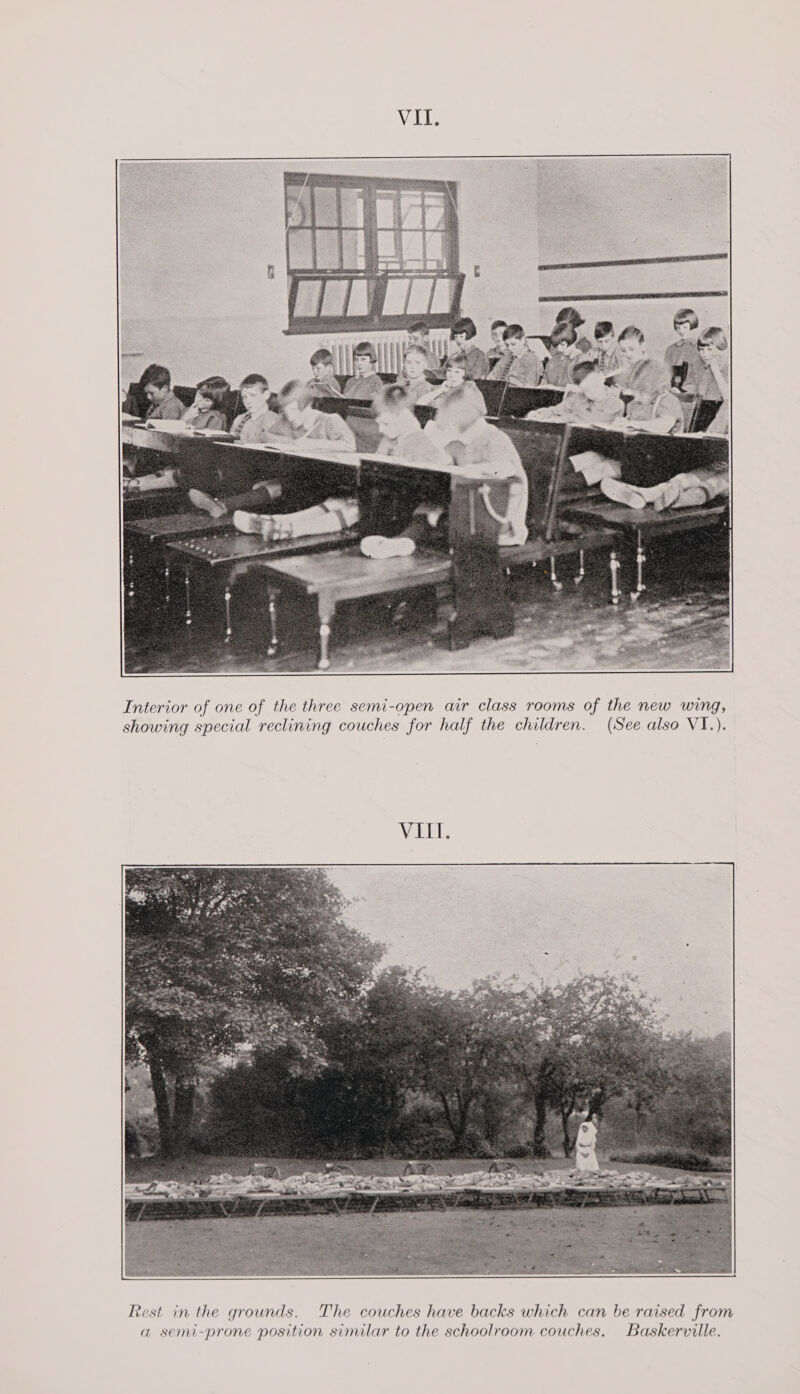  Interior of one of the three semi-open air class rooms of the new wing, showing special reclining couches for half the children. (See also V1.). VEEL. 