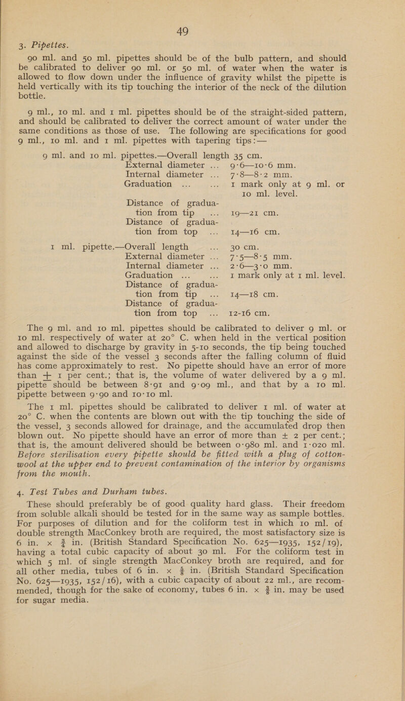 a. Pipeties. go ml. and 50 ml. pipettes should be of the bulb pattern, and should be calibrated to deliver 90 ml. or 50 ml. of water when the water is allowed to flow down under the influence of gravity whilst the pipette is held vertically with its tip touching the interior of the neck of the dilution bottle. 9 ml., 10 ml. and 1 ml. pipettes should be of the straight-sided pattern, and should be calibrated to deliver the correct amount of water under the same conditions as those of use. The following are specifications for good 9 ml., 10 ml. and 1 ml. pipettes with tapering tips :— 9 ml. and to ml. pipettes.—Overall length 35 cm. External diameter .... 9°6—10°6 mm. Internal diameter ... 7-8—8:2 mm. Graduation ... mie, Lumark. Only: at 6 “ml. sor io ml. level. Distance of gradua- tion from tip... ...</-,19-—21,.cm, Distance of gradua- tion from top... I4—16 cm. rt ml. pipette.—Overall length ria SONCUN: External diameter .... 7°5—8°5 mm. Internal diameter ... 2°6—3-°0 mm. Graduation ... ~. i imark only at x ml. level. Distance of gradua- won” trom tip. . 2.5 -14—-18' cm: Distance of gradua- tien irom ‘top “s; 12-16 em: The 9 ml. and 10 ml. pipettes should be calibrated to deliver 9 ml. or to ml. respectively of water at 20° C. when held in the vertical position and allowed to discharge by gravity in 5-10 seconds, the tip being touched against the side of the vessel 3 seconds after the falling column of fluid has come approximately to rest. No pipette should have an error of more than + 1 per cent.; that is, the volume of water delivered by a 9 ml. pipette should be between 8-91 and g-:og ml., and that by a io ml. pipette between 9:90 and 10°10 ml. The 1 ml. pipettes should be calibrated to deliver 1 ml. of water at 20° C. when the contents are blown out with the tip touching the side of the vessel, 3 seconds allowed for drainage, and the accumulated drop then blown out. No pipette should have an error of more than + 2 per cent.; that is, the amount delivered should be between 0-980 ml. and 1-020 ml. Before sterilisation every pipette should be fitted with a plug of cotton- wool at the upper end to prevent contamination of the interior by organisms from the mouth. 4. Test Tubes and Durham tubes. These should preferably be of good quality hard glass. Their freedom from soluble alkali should be tested for in the same way as sample bottles. For purposes of dilution and for the coliform test in which Io ml. of double strength MacConkey broth are required, the most satisfactory size is 6 in. x 2 in. (British Standard Specification No. 625—1935, 152/19), having a total cubic capacity of about 30 ml. For the coliform test in which 5 ml. of single strength MacConkey broth are required, and for all other media, tubes of 6 in. x 3 in. (British Standard Specification No. 625—1935, 152/16), with a cubic capacity of about 22 ml., are recom- mended, though for the sake of economy, tubes 6 in. x 3 in. may be used for sugar media.       