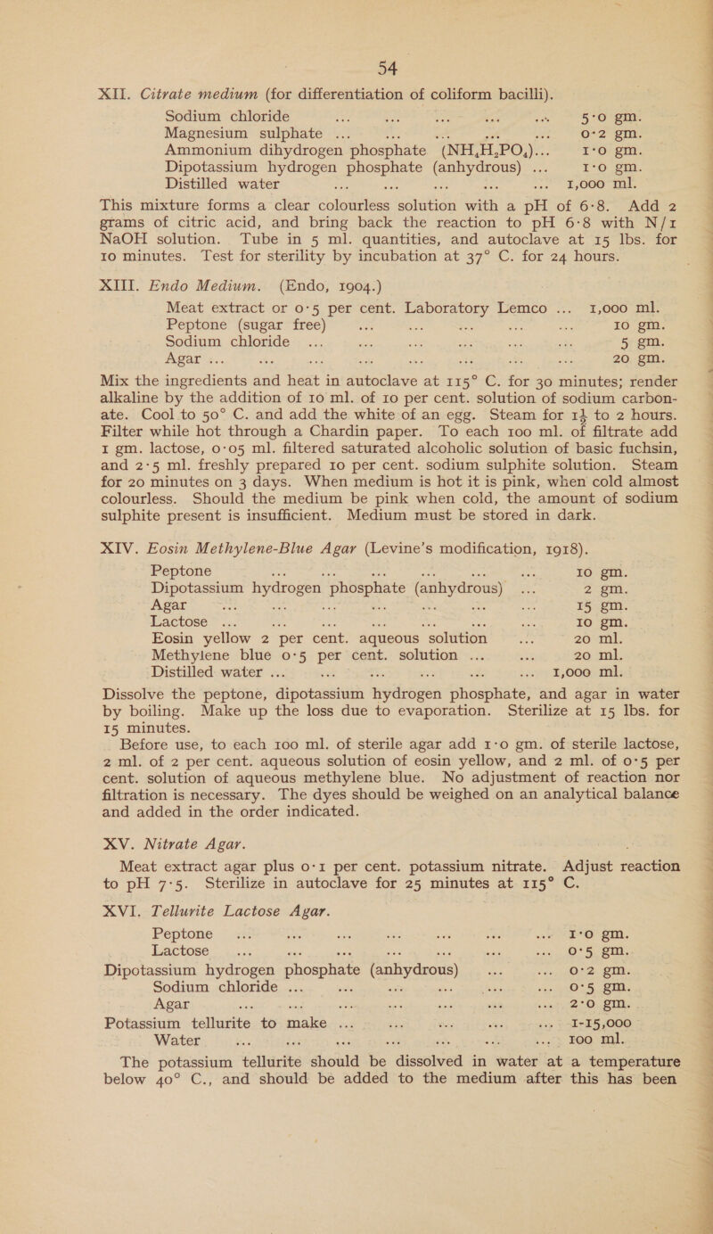 XII. Citvate medium (for differentiation of conten bacilli). | ‘ Sodium chloride Magnesium sulphate ... Ammonium dihydrogen phosphate (NH, ze PO de Dipotassium eh ae aoa este 3 Distilled water es oh is ByOOO ign: This mixture forms a clear chalice aiaaides with a pH of 6-8. Add 2 grams of citric acid, and bring back the reaction to pH 6-8 with N/1z NaOH solution. Tube in 5 ml. quantities, and autoclave at 15 lbs. for 1o minutes. Test for sterility by incubation at 37° C. for 24 hours. XII. Endo Medium. (Endo, 1904.) eT ee HH ON CONO BEES Meat extract or 0:5 per cent. Laboratory Lemco ... 1,000 ml. Peptone (sugar free) as bee See oe: = IO gm. } Sodium chloride ... sie sae a ie ste 5 gm. ar se, « sth ae ey ae? sat a bts 20 gm. Mix the ingredients and heat in autoclave at 115° C. for 30 minutes; render alkaline by the addition of 10 ml. of 10 per cent. solution of sodium carbon- ate. Cool to 50° C. and add the white of an egg. Steam for 11 to 2 hours. Filter while hot through a Chardin paper. To each too ml. of filtrate add 1 gm. lactose, 0-05 ml. filtered saturated alcoholic solution of basic fuchsin, and 2-5 ml. freshly prepared 10 per cent. sodium sulphite solution. Steam for 20 minutes on 3 days. When medium is hot it is pink, when cold almost colourless. Should the medium be pink when cold, the amount of sodium sulphite present is insufficient. Medium must be stored in dark. XIV. Eosin Methylene-Blue Agar (Levine’s modification, 1918). Peptone See I O : Dipotassium hydrogen Phosphate (anhydrous) Z an Agar Bice I5 gm. Lactose ... ah Io gm. Eosin yellow 2 “per cent. aqueous “solution ae 20 ml. Methylene blue 0-5 per cent. solution ... “3g 20 ml. Distilled water ... iw fe af: ian E,00@, THis Dissolve the peptone, dipotassium nythagen phosphate, and agar in water by boiling. Make up the loss due to evaporation. Sterilize at 15 Ibs. for I5 minutes. Before use, to each 100 ml. of sterile agar add 1-0 gm. of sterile lactose, 2 ml. of 2 per cent. aqueous solution of eosin yellow, and 2 ml. of 0°5 per cent. solution of aqueous methylene blue. No adjustment of reaction nor filtration is necessary. The dyes should be weighed on an analytical balance and added in the order indicated. XV. Nitrate Agar. | Meat extract agar plus o-1 per cent. potassium nitrate. Adjust reaction to pH 7°5. Sterilize in autoclave for 25 minutes at 115° C. XVI. Tellurite Lactose Agar. | : Peptone Lactose Dipotassium hydrogen phosphate (anhydrous) Sodium chloride ... noo O OMNn nO 555592 Agar = Potassium tellurite +0: paals cue FUE eR se aes ws. -IrI5,000 © Water | Sa : ed ie os es si) BOQ aa. The potassium tellurite should be dissolved in water at a temperature below 40° C., and should be added to the medium after this has been 