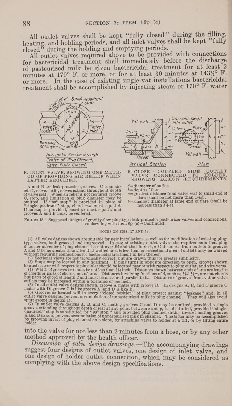 All outlet valves shall be kept ‘‘fully closed” during the filling, heating, and holding periods, and all inlet valves shall be kept ‘fully closed” during the holding and emptying periods. BPS be All outlet valves required above to be provided with connections for bactericidal treatment shall immediately before the discharge of pasteurized milk be given bactericidal treatment for at least 2 minutes at 170° F. or more, or for at least 30 minutes at 143)2° F. or more. In the case of existing single-vat installations bactericidal treatment shall be accomplished by injecting steam or 170° I. water  E. INLET VALVE, SHOWING ONE METH- OD OF PROVIDING AIR RELIEF WHEN LATTER REQUIRED. A and B are leak-protector grooves. C is an air- relief groove. All grooves extend throughout depth of valve seat. When air relief is not required groove C, stop, and limitation of plug diameter may be omitted. If ‘‘90° stop’? is provided in place of  pao urrents swept into outlet d  F. CLOSE - COUPLED SIDE OUTLET VALVE CONNECTED TO HOLDER, SHOWING DESIGN .REQUIREMENTS. d=diameter of outlet. h=depth of flare. a=greatest distance from valve seat to small end of flare (shall be not more than 144d). b=smallest diameter at large end of flare (shall be “single-quadrant”’ stop, chord mn must equal d. not less than h+d). If no stop is provided, chord yz must equal d and grooves A and B must be centered. FIGURE 18.—Suggested designs of gravity-flow plug-type leak-protector pasteurizer valves and connections, conforming with item 6p (c)—Continued. NOTES ON FIGS. 17 AND 18. (1) All valve designs shown are suitable for new installations as well as for modification of existing plug- type valves, both grooved and ungrooved. In case of existing outlet valves the requirements that plug diameter at center of plug channel be not over 2d and that in design C distances from outlets to grooves A and C be no greater than d (so that wetted area is less than cross-sectional area of outlet) may be waived without requiring connections for bactericidal treatment in lieu thereof. (2) Sectional views are not technically correct, but are drawn thus for greater simplicity. (3) Stops may be located in any quadrant. If piug turns in opposite direction to open, grooves shown located near or with respect to plug inlet should be located near or with respect to plug outlet, and vice versa. (4) Width of grooves (w) must be not less than %einch. Distances shown between ends of arcs are lengths of chords or parts of chords, not of ares. Distances involving fractions of d, such as 44d-4w, are not chords but parts of chord of length d and miust be measured parallel to it. Distances of grooves from vat or valve outlets may be increased within a tolerance of 142 inch. (5) In all outlet valve designs shown, groove A mates with groove B. In designs A, B, and C groove C mates with D; groove C is like groove A, and D is like B. (6) Grooves as located will in every “closed position” of plug protect against “leakage” and, in all outlet valve designs, prevent accumulation of unpasteurized milk in plug channel. They will also avoid spurt except in design D. (7) In outlet valve designs A, B, and C, mating grooves C and D may be omitted, provided a single groove, extending throughout depth of seat at any point between z and y, is substituted, provided “‘single- quadrant” stop is substituted for ‘90° stop,” and provided plug channel drains toward mating grooves A and B so as to prevent accumulation of unpasteurized milk in channel. The latter may be accomplished gh Baton, invert of plug channel on a slope, by attaching valve to holder at a tilt, or by tilting entire into the valve for not less than 2 minutes from a hose, or by any other method approved by the health officer. Discussion of valve design drawings.—The accompanying drawings suggest four designs of outlet valves, one design of inlet valve, and one design of holder outlet connection, which may be considered as complying with the above design specifications. |