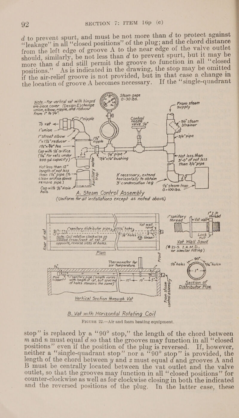 ‘event spurt, apd must be not more than d to protect against EATS all “closed positions” of the plug; and the chord distance from the left edge of groove A to the near edge of the valve outlet should, similarly, be not less than d to prevent spurt, but it may be more than d and still permit the groove to function in all ‘closed positions.’”’ As is indicated in the drawing, the stop may be omitted if the air-relief groove is not provided, but in that case a change in the location of groove A becomes necessary. If the ‘‘single-quadrant           Nofe.-For vertical vat with hinged one-piece cover. (Design E) change union, elbow, nipple,and reducer from’ I fo '/”  Control needle  steam 76 vat &lt;| valve 4 atthe union —  I street elbow —~ I V2 reducer - 1/2 F4 fee Cap with Yo orifice ( i for vats under 200 gal.capacity ) Not less than /2 length of not less than Deva ; clean orifice above remove pipe.) Cap with Ya drain hole   Not less than 3'-0 of not /ess than 3/4pipe if necessary, extend horizontally to obfein &gt; 3' condensation 1eg « ‘ Y2 steam trap. 100 16s. A. Steam Control Assembly ae Sig (Uniform for all installations except as nofed above) 3/4x Ya bushing   uxiliary woter trap A  J pd Rk I sanitary thread thread         ” ri uA x ‘ 3 ” Apeegelsonitary distributor pipes a\iite holes, | ep o- Ce ae ae a ee nut Vat Wall Spud (# 21-S_ 1.A.M.D., or similar fifting ) Rear of vat Pien   Thermometer for                ” 77 } “ Ye, air fempersture yn Ye holes yw re holes LD z : — Be 7s aT sroecy soe |e d, y/, sanitary pipe length varies + Rezz7 ; with length of vat, but spaci 2 rs rs of holes remains the same) g&lt; _ Section @ $5 Distributor Pipe 53 | ; gs Vertical Section through Vat B. Vat with Horizontal Rotating Coil FIGURE 22.—Air and foam heating equipment. stop” is replaced by a ‘90° stop,” the length of the chord between m and n must equal d so that the grooves may function in all “closed positions”’ even if the position of the plug is reversed. If, however, neither a “‘single-quadrant stop” nor a ‘'90° stop” is provided, the length of the chord between y and z must equal d and grooves A and B must be centrally located between the vat outlet and the valve outlet, so that the grooves may function in all “closed positions” for counter-clockwise as well as for clockwise closing in both the indicated and the reversed positions of the plug. In the latter case, these