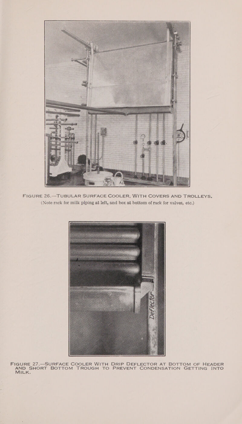  FIGURE 26.—TUBULAR SURFACE COOLER, WITH COVERS AND TROLLEYS. (Note rack for milk piping at left, and box at bottom of rack for valves, etc.)  FIGURE 27.—SURFACE COOLER WITH DRIP DEFLECTOR AT BOTTOM OF HEADER AND SHORT BOTTOM TROUGH TO PREVENT CONDENSATION GETTING INTO MILK.