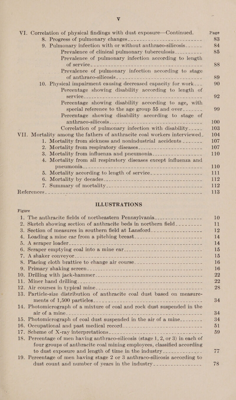 ¥. VI. Correlation of physical findings with dust exposure—Continued. 8: Progress of pulmonary. changes 42525242. ce.4bulfeiedl. 9. Pulmonary infection with or without anthraco-silicosis_-_-__- Prevalence of clinical pulmonary tuberculosis____-_---- Prevalence of pulmonary infection according to length WEVSED VCO ture mt at eg eos aie SU li NS ak a Prevalence of pulmonary infection according to stage Of anthraco-sHieosis oe ced oe Ae pul See Mia 10. Physical impairment causing decreased capacity for work_-__ Percentage showing disability according to length of BOT ICOtr ater Gre i baci BUR pe BA hate, Sb hak pha aah a te Percentage showing disability according to age, with special reference to the age group 55 and over_-_-_--_-- Percentage showing disability according to stage of ‘Widmtarace-siliCesig aoe wil Pau ns Ae Mia an A pi Correlation of pulmonary infection with disability—__-__ VII. Mortality among the fathers of anthracite coal workers interviewed - 1. Mortality from sickness and nonindustrial accidents _ -_---- 2. Mortality from respiratory diseases__...._..._...-.-----.=-- 3. Mortality from influenza and pneumonia_____-___-_______--_ 4, Mortality from all respiratory diseases except influenza and  RRO UMA OINM a Ser ys ye ah a ak ae oa tk Shed at 8 a 5. Mortality according to length of service___....--.-.----.- Gs .WhOrtalit yew Clhecades ieee Ge eee ot ged? es (, sOUBIIORT OP MMOPUa lity Soo 8 Vow tele. ee Ee ea i References_____-_- Baste yes Pa eR ei ae eb ee ae ee ILLUSTRATIONS Figure 1. The anthracite fields of northeastern Pennsylvania____________-_-_- 2. Sketch showing section of anthracite beds in northern field________- 3. Section of measures in southern field at Lansford___________._-_-_- A” eeading ‘a,mine car from 3 pitching breast. 022-222. 25.22 kek tI TSN SP) ON ICDS NC 2) ale I ET cles Ig. rtm RI a ee i ong RN Sd Gn ocraper cmiplying coal into va milie Car... 22 2 eo ee Maen OOIVC VOR. foe. st ee war, here re aes ee oy ee ap Re &amp;. Placing cloth brattice to change air course! =. 2.22 bel eS GO SRiinary suakib Gsereeiic Of. = ssa Fee 2S leh ok Oe et oe 10. Drilling with jack-hammer Uber) LLG eG ONTI TIN. crs ees Ss eS eed ON a eared a Sy Sve Od AA IEsCOULSES IM, Dy OIGMr MING o.oo 5 oo A ne ie ee eh ee ne 13. Particle-size distribution of anthracite coal dust based on measure- IMCHICGTOP EKO. AnUICIOS oie Oe kL Sais Nee oe I Ri 14. Photomicrograph of a mixture of coal and rock dust suspended in the Ea Vete boy Oh MUTT te Hal Ee Ages ne eal CE NN ae oe Ne ata al tN i a 15. Photomicrograph of coal dust suspended in the air of a mine___-_-___- 16. Occupational and past medical record if SCNEMOLOE UX =Eayy IDLCLPretvaviOus oc) 20s. fe oe re a 18. Percentage of men having anthraco-silicosis (stage 1, 2, or 3) in each of four groups of anthracite coal mining employees, classified according to dust exposure and length of time in the industry_____________- 19. Percentage of men having stage 2 or 3 anthraco-silicosis according to dust count and number of years in the industry 88 89 90 92 99 100 103 104 107 107 110 110 tad 112 112 113 10 I] 12 14 14 15 15 16 16 22 22 28 34 34 34 51 59 7 78