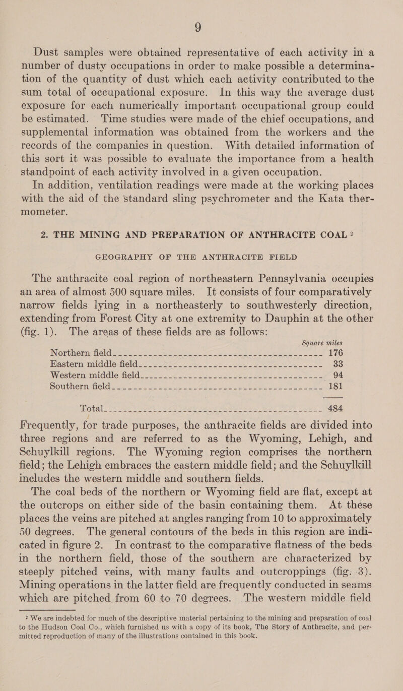 Dust samples were obtained representative of each activity ina number of dusty occupations in order to make possible a determina- tion of the quantity of dust which each activity contributed to the sum total of occupational exposure. In this way the average dust exposure for each numerically important occupational group could be estimated. Time studies were made of the chief occupations, and supplemental information was obtained from the workers and the records of the companies in question. With detailed information of this sort it was possible to evaluate the importance from a health standpoint of each activity involved in a given occupation. In addition, ventilation readings were made at the working places with the aid of the standard sling psychrometer and the Kata ther- mometer. 2. THE MINING AND PREPARATION OF ANTHRACITE COAL ? GEOGRAPHY OF THE ANTHRACITE FIELD The anthracite coal region of northeastern Pennsylvania occupies an area of almost 500 square miles. It consists of four comparatively narrow fields lying in a northeasterly to southwesterly direction, extending from Forest City at one extremity to Dauphin at the other (fig. 1). The areas of these fields are as follows: Square miles INoOpumer in felG area it ana ta a es 2 as eed ee we 176 Hacterm snleldlernieloi sete ee PL a ee 33 Weestermemiadie Meld: 2 2. ae len eee ea #94 MOMOMerniniel wee a wicca So Ar sin es a eh 181 UNO Re | BAM, SUL NO ReMi let bar. Cth, Cig NER ECRS cP iti: AAPA 484 Frequently, for trade purposes, the anthracite fields are divided into three regions and are referred to as the Wyoming, Lehigh, and Schuylkill regions. The Wyoming region comprises the northern field; the Lehigh embraces the eastern middle field; and the Schuylkill includes the western middle and southern fields. The coal beds of the northern or Wyoming field are flat, except at the outcrops on either side of the basin containing them. At these places the veins are pitched at angles ranging from 10 to approximately 50 degrees. The general contours of the beds in this region are indi- cated in figure 2. In contrast to the comparative flatness of the beds in the northern field, those of the southern are characterized by steeply pitched veins, with many faults and outcroppings (fig: .3). Mining operations in the latter field are frequently conducted in seams which are pitched from 60 to 70 degrees. The western middle field 2 We are indebted for much of the descriptive material pertaining to the mining and preparation of coal to the Hudson Coal Co., which furnished us with a copy of its book, The Story of Anthracite, and per- mitted reproduction of many of the illustrations contained in this book.