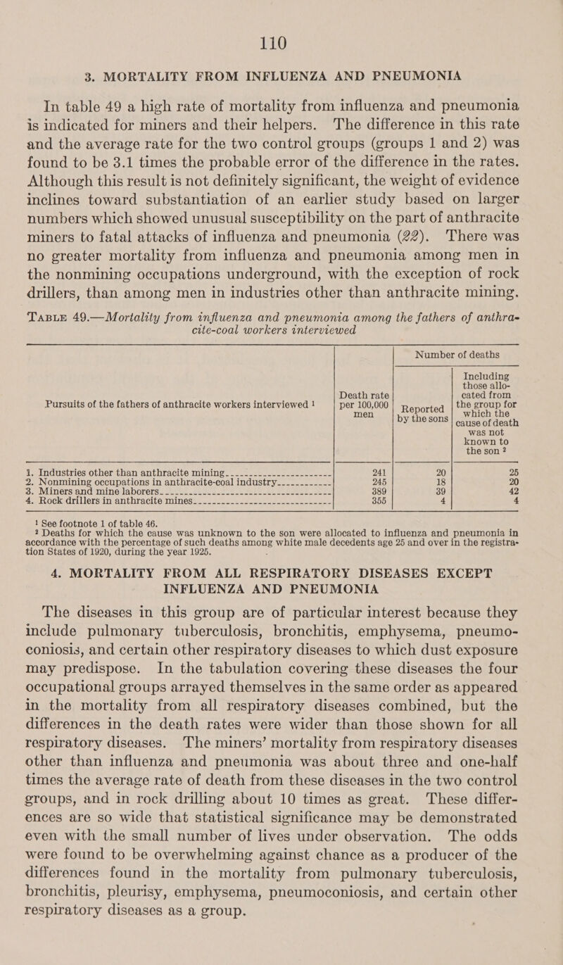 3. MORTALITY FROM INFLUENZA AND PNEUMONIA In table 49 a high rate of mortality from influenza and pneumonia is indicated for miners and their helpers. The difference in this rate and the average rate for the two control groups (groups 1 and 2) was found to be 3.1 times the probable error of the difference in the rates. Although this result is not definitely significant, the weight of evidence inclines toward substantiation of an earlier study based on larger numbers which showed unusual susceptibility on the part of anthracite miners to fatal attacks of influenza and pneumonia (22). There was no greater mortality from influenza and pneumonia among men in the nonmining occupations underground, with the exception of rock drillers, than among men in industries other than anthracite mining. TABLE 49.—Mortality from influenza and pneumonia among the fathers of anthra- cite-coal workers interviewed Number of deaths Including those allo- Death rate cated from Pursuits of the fathers of anthracite workers interviewed ! per 100,000 the group for Reported rohiehs men by the sons which the cause of death was not known to the son 2 1, Industries other than anthracite mining. .___...____....--_---- 241 20 25 2. Nonmining occupations in anthracite-coal industry___..._-_-_-- 245 18 20 Sy eViiners and minedlaborers=s ees eee = oe eee ee eee ee 389 39 42 4. Rock -drillers'in anthracite mints’ ...22 2... Ss 355 4 4 1 See footnote 1 of table 46. 2 Deaths for which the cause was unknown to the son were allocated to influenza and pneumonia in accordance with the percentage of such deaths pious white male decedents age 25 and over in the registra- tion States of 1920, during the year 1925. 4. MORTALITY FROM ALL RESPIRATORY DISEASES EXCEPT INFLUENZA AND PNEUMONIA The diseases in this group are of particular interest because they include pulmonary tuberculosis, bronchitis, emphysema, pneumo- coniosis, and certain other respiratory diseases to which dust exposure may predispose. In the tabulation covering these diseases the four occupational groups arrayed themselves in the same order as appeared — in the mortality from all respiratory diseases combined, but the differences in the death rates were wider than those shown for all respiratory diseases. The miners’ mortality from respiratory diseases other than influenza and pneumonia was about three and one-half times the average rate of death from these diseases in the two control groups, and in rock drilling about 10 times as great. These differ- ences are so wide that statistical significance may be demonstrated even with the small number of lives under observation. The odds were found to be overwhelming against chance as a producer of the differences found in the mortality from pulmonary tuberculosis, bronchitis, pleurisy, emphysema, pneumoconiosis, and certain other respiratory diseases as a group.