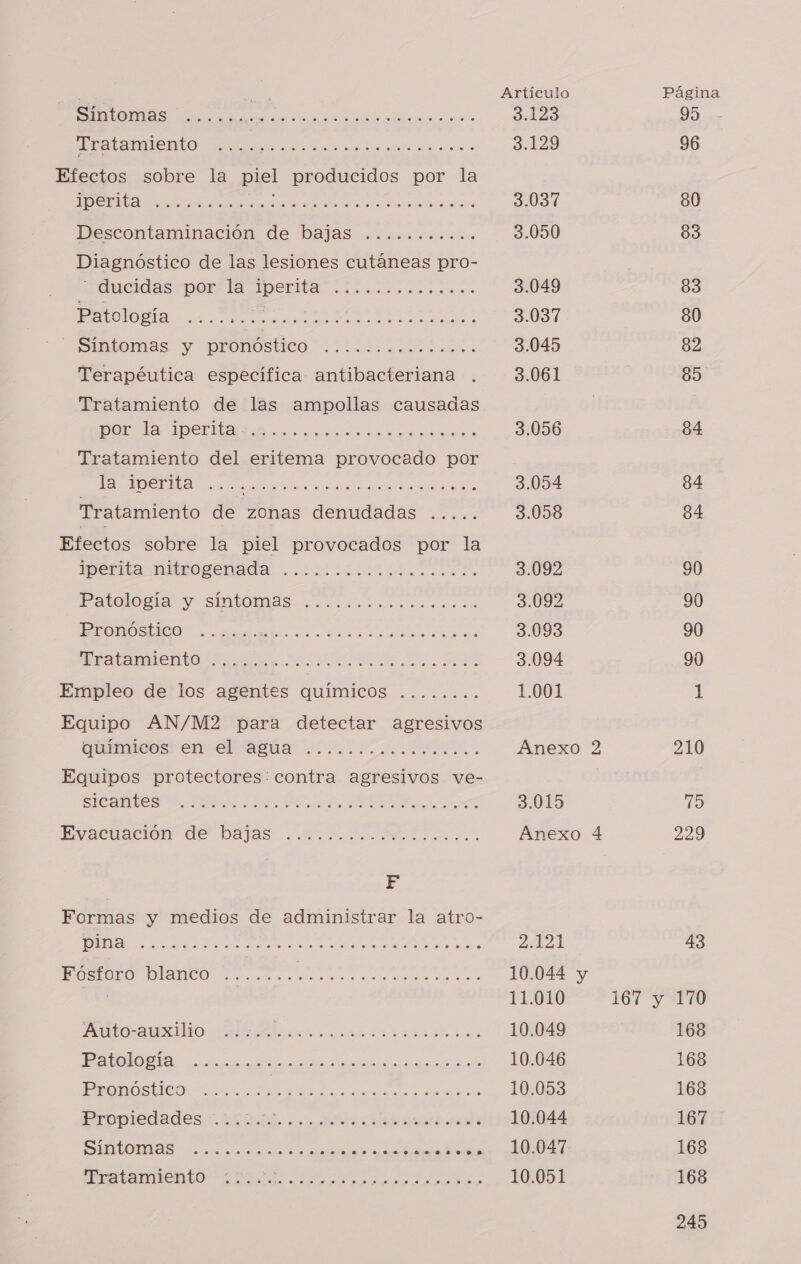 - Síntomas ...... A E A Efectos sobre la piel producidos por la AE a an A Descontaminación, de Dajas +... «o... Diagnóstico de las lesiones cutáneas pro- ducidas:portla Der ricconococo.o Patología e A ci LO A e DIBLOMAS Y PEOMÓSHCO . Dicoo opaaiaa a en o Terapéutica específica antibacteriana . Tratamiento de las ampollas causadas A o A OP AA Tratamiento del eritema provocado por la iperta . . ..o. o... .... ...0.».e0. .<.«<«.....o oo v ....so Efectos sobre la piel provocados por la iperita nitrogenada Patología y SIMLODAIS o... hour cesen Pronóstico e... ...... . ... ............-.o.oo.ososo Tratamiento e... ...—...oa.012.0...oo.—_Á....0o<o0o0.<0.0.< 0.0000 1. Empleo de los agentes químicos Equipo AN/M2 para detectar agresivos QUAN COS en APABA LEA A Equipos protectores: contra agresivos ve- sicantes . .. . +... .... o... ...... . 0... ... . o. ... O O OOO AA IRA A O ete e td A ete ¿LA AR E, PEONOSTICO +... ña lA. CI Propiedades. ¿Cd bi. polar rs SIMIO IAS. Te oe e laa Dada ÓN Eratamiento” ¿Lar e A Artículo 3.123 3.129 3.037 3.050 3.049 3.037 3.045 3.061 3.056 3.054 3.058 3.092 3.092 3.093 3.094 1.001 Anexo 2 3.015 20 10.044 y 11.010 10.049 10.046 10.053 10.044 10.047. 10.051 16P*y Página 95 96 80 83 83 80 82 89 84 84 84 90 90 90 90 1 210 15 229 43 170 168 168 168 167 168 168
