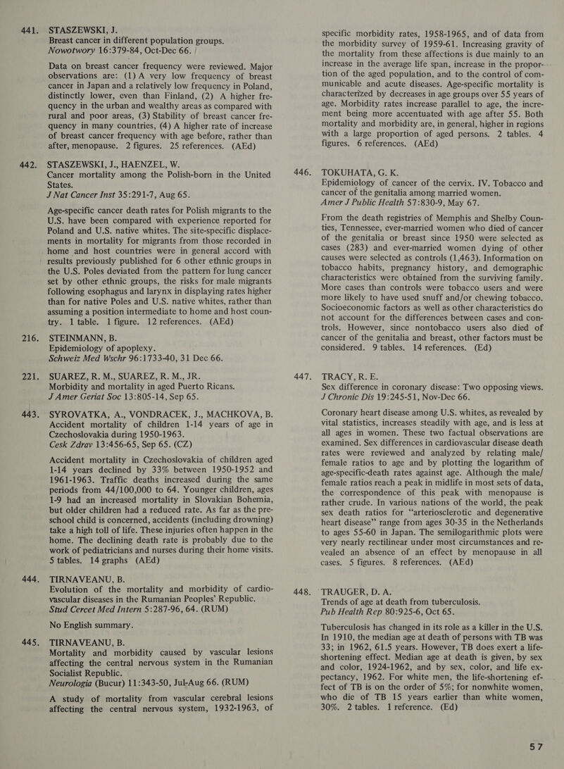 442. STASZEWSKI, J. Breast cancer in different population groups. Nowotwory 16:379-84, Oct-Dec 66. Data on breast cancer frequency were reviewed. Major observations are: (1) A very low frequency of breast cancer in Japan and a relatively low frequency in Poland, distinctly lower, even than Finland, (2) A higher fre- quency in the urban and wealthy areas as compared with rural and poor areas, (3) Stability of breast cancer fre- quency in many countries, (4) A higher rate of increase of breast cancer frequency with age before, rather than STASZEWSKI, J., HAENZEL, W. Cancer mortality among the Polish-born in the United States. J Nat Cancer Inst 35:291-7, Aug 65. Age-specific cancer death rates for Polish migrants to the U.S. have been compared with experience reported for Poland and U.S. native whites. The site-specific displace- ments in mortality for migrants from those recorded in home and host countries were in general accord with results previously published for 6 other ethnic groups in the U.S. Poles deviated from the pattern for lung cancer set by other ethnic groups, the risks for male migrants following esophagus and larynx in displaying rates higher than for native Poles and U.S. native whites, rather than assuming a position intermediate to home and host coun- try. ltable. 1 figure. 12 references. (AEd) STEINMANN, B. Epidemiology of apoplexy. Schweiz Med Wschr 96:1733-40, 31 Dec 66. SUAREZ, R. M., SUAREZ, R. M., JR. Morbidity and mortality in aged Puerto Ricans. J Amer Geriat Soc 13:805-14, Sep 65. SYROVATKA, A., VONDRACEK, J., MACHKOVA, B. Accident mortality of children 1-14 years of age in Czechoslovakia during 1950-1963. Cesk Zdrav 13:456-65, Sep 65. (CZ) Accident mortality in Czechoslovakia of children aged 1-14 years declined by 33% between 1950-1952 and 1961-1963. Traffic deaths increased during the same periods from 44/100,000 to 64. Younger children, ages 1-9 had an increased mortality in Slovakian Bohemia, but older children had a reduced rate. As far as the pre- school child is concerned, accidents (including drowning) take a high toll of life. These injuries often happen in the home. The declining death rate is probably due to the work of pediatricians and nurses during their home visits. 5 tables. 14 graphs (AEd) TIRNAVEANU, B. Evolution of the mortality and morbidity of cardio- vascular diseases in the Rumanian Peoples’ Republic. Stud Cercet Med Intern 5:287-96, 64. (RUM) No English summary. TIRNAVEANU, B. Mortality and morbidity caused by vascular lesions affecting the central nervous system in the Rumanian Socialist Republic. Neurologia (Bucur) 11:343-50, Jul-Aug 66. (RUM) A study of mortality from vascular cerebral lesions affecting the central nervous system, 1932-1963, of specific morbidity rates, 1958-1965, and of data from the morbidity survey of 1959-61. Increasing gravity of the mortality from these affections is due mainly to an increase in the average life span, increase in the propor- tion of the aged population, and to the control of com- municable and acute diseases. Age-specific mortality is characterized by decreases in age groups over 55 years of age. Morbidity rates increase parallel to age, the incre- ment being more accentuated with age after 55. Both mortality and morbidity are, in general, higher in regions with a large proportion of aged persons. 2 tables. 4 figures. 6 references. (AEd) TOKUHATA, G. K. Epidemiology of cancer of the cervix. IV. Tobacco and cancer of the genitalia among married women. Amer J Public Health 57:830-9, May 67. From the death registries of Memphis and Shelby Coun- ties, Tennessee, ever-married women who died of cancer of the genitalia or breast since 1950 were selected as cases (283) and ever-married women dying of other causes were selected as controls (1,463). Information on tobacco habits, pregnancy history, and demographic characteristics were obtained from the surviving family. More cases than controls were tobacco users and were more likely to have used snuff and/or chewing tobacco. Socioeconomic factors as well as other characteristics do not account for the differences between cases and con- trols. However, since nontobacco users also died of cancer of the genitalia and breast, other factors must be considered. 9 tables. 14 references. (Ed) TRACY, R. E. Sex difference in coronary disease: Two opposing views. J Chronic Dis 19:245-51, Nov-Dec 66. Coronary heart disease among U.S. whites, as revealed by vital statistics, increases steadily with age, and is less at all ages in women. These two factual observations are examined. Sex differences in cardiovascular disease death rates were reviewed and analyzed by relating male/ female ratios to age and by plotting the logarithm of age-specific-death rates against age. Although the male/ female ratios reach a peak in midlife in most sets of data, the correspondence of this peak with menopause is rather crude. In various nations of the world, the peak sex death ratios for “arteriosclerotic and degenerative heart disease’ range from ages 30-35 in the Netherlands to ages 55-60 in Japan. The semilogarithmic plots were very nearly rectilinear under most circumstances and re- vealed an absence of an effect by menopause in all cases. 5 figures. 8 references. (AEd) Trends of age at death from tuberculosis. Pub Health Rep 80:925-6, Oct 65. Tuberculosis has changed in its role as a killer in the U.S. In 1910, the median age at death of persons with TB was 33; in 1962, 61.5 years. However, TB does exert a life- shortening effect. Median age at death is given, by sex and color, 1924-1962, and by sex, color, and life ex- pectancy, 1962. For white men, the life-shortening ef- fect of TB is on the order of 5%; for nonwhite women, who die of TB 15 years earlier than white women, 30%. 2 tables. 1 reference. (Ed)