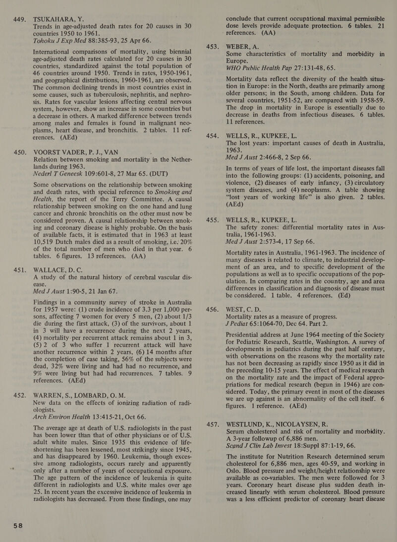 58 TSUKAHARA, Y. Trends in age-adjusted death rates for 20 causes in 30 International comparisons of mortality, using biennial age-adjusted death rates calculated for 20 causes in 30 countries, standardized against the total population of 46 countries around 1950. Trends in rates, 1950-1961, and geographical distributions, 1960-1961, are observed. The common declining trends in most countries exist in some causes, such as tuberculosis, nephritis, and nephro- sis. Rates for vascular lesions affecting central nervous system, however, show an increase in some countries but a decrease in others. A marked difference between trends among males and females is found in malignant neo- VOORST VADER, P. J., VAN Relation between smoking and mortality? in the Nether- lands during 1963. Nederl T Geneesk 109:601-8, 27 Mar 65. (DUT) Some observations on the relationship between smoking and death rates, with special reference to Smoking and Health, the report of the Terry Committee. A causal relationship between smoking on the one hand and lung cancer and chronic bronchitis on the other must now be considered proven. A causal relationship between smok- ing and coronary disease is highly probable. On the basis of available facts, it is estimated that in 1963 at least 10,519 Dutch males died as a result of smoking, i.e. 20% of the total number of men who died in that year. 6 WALLACE, D. C. A study of the natural history of cerebral vascular dis- ease. Med J Aust 1:90-5, 21 Jan 67. Findings in a community survey of stroke in Australia for 1957 were: (1) crude incidence of 3.3 per 1,000 per- sons, affecting 7 women for every 5 men, (2) about 1/3 die during the first attack, (3) of the survivors, about 1 in 3 will have a recurrence during the next 2 years, (4) mortality: per recurrent attack remains about 1 in 3, (5)2 of 3 who suffer 1 recurrent attack will have another recurrence within 2 years, (6) 14 months after the completion of case taking, 56% of the subjects were dead, 32% were living and had had no recurrence, and 9% were living but had had recurrences. 7 tables. 9 references. (AEd) WARREN, S., LOMBARD, O. M. New data on the effects of ionizing radiation of radi- ologists. The average age at death of U.S. radiologists in the past has been lower than that of other physicians or of U.S. adult white males. Since 1935 this evidence of life- shortening has been lessened, most strikingly since 1945, and has disappeared by 1960. Leukemia, though exces- sive among radiologists, occurs rarely and apparently only after a number of years of occupational exposure. The age pattern of the incidence of leukemia is quite different in radiologists and U.S. white males over age 25. In recent years the excessive incidence of leukemia in radiologists has decreased. From these findings, one may conclude that current occupational maximal permissible dose levels provide adequate protection. 6 tables. 21 Some characteristics of mortality and morbidity in Europe. WHO Public Health Pap 27:131-48, 65. Mortality data reflect the diversity of the health situa- tion in Europe: in the North, deaths are primarily among older persons; in the South, among children. Data for several countries, 1951-52, are compared with 1958-59. The drop in mortality in Europe is essentially due to decrease in deaths from infectious diseases. 6 tables. 11 references. WELLS, R., KUPKEE, L. The lost years: important causes of death in Australia, 1963. Med J Aust 2:466-8, 2 Sep 66. In terms of years of life lost, the important diseases fall into the following groups: (1) accidents, poisoning, and violence, (2) diseases of early infancy, (3) circulatory system diseases, and (4) neoplasms. A table showing “lost years of working life” is also given. 2 tables. WELLS, R., KUPKEE, L. The safety zones: differential mortality rates in Aus- tralia, 1961-1963. Med J Aust 2:5734, 17 Sep 66. Mortality rates in Australia, 1961-1963. The incidence of many diseases is related to climate, to industrial develop- ment of an area, and to specific development of the populations as well as to specific occupations of the pop- ulation. In comparing rates in the country, age and area differences in classification and diagnosis of disease must be considered. 1 table. 4 references. (Ed) WEST, C. D. Mortality rates as a measure of progress. J Pediat 65:1064-70, Dec 64. Part 2. Presidential address at June 1964 meeting of the Society for Pediatric Research, Seattle, Washington. A survey of developments in pediatrics during the past half century, with observations on the reasons why the mortality rate has not been decreasing as rapidly since 1950 as it did in the preceding 10-15 years. The effect of medical research on the mortality rate and the impact of Federal appro- priations for medical research (begun in 1946) are con- sidered. Today, the primary event in most of the diseases we are up against is an abnormality of the cell itself. 6 figures. 1 reference. (AEd) WESTLUND, K., NICOLAYSEN, R: Serum cholesterol and risk of mortality and morbidity. A 3-year followup of 6,886 men. Scand J Clin Lab Invest 18:Suppl 87:1-19, 66. The institute for Nutrition Research determined serum cholesterol for 6,886 men, ages 40-59, and working in Oslo. Blood pressure and weight/height relationship were available as co-variables. The men were followed for 3 years. Coronary heart disease plus sudden death in- creased linearly with serum cholesterol. Blood pressure was a less efficient predictor of coronary heart disease