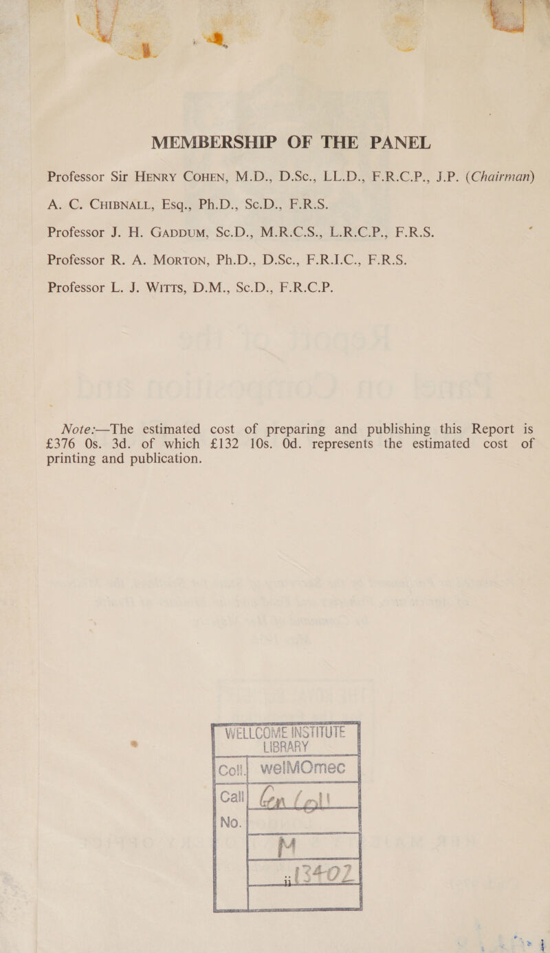  ol a iste  ¥. y ; ss 2h Page i 7 a + ates rf ag) FF MEMBERSHIP OF THE PANEL Professor Sir HENRY COHEN, M.D., D.Sc., LL.D., F.R.C.P., J.P. (Chairman) Aw. ‘CHIBNALL, Esqiz.Ph.D., Se), a:S. Professor J. H:. GADDUM, ‘Sc.D.&gt; MGRtG3e.baR eC. 2 FCR.S. Professor R. A. Morton, Ph.D., D.Sc., F.R.LC., F.R.S. Professor L. J. Witts, D.M., Sc.D., F.R.C.P. Note:—The estimated cost of preparing and publishing this Report is £376 0s.- 3d of which’£132 10s. Od. ‘represents.-the estimated’ cost. ‘of printing and publication.    WELLCOME INSTITUTE MOmec | 