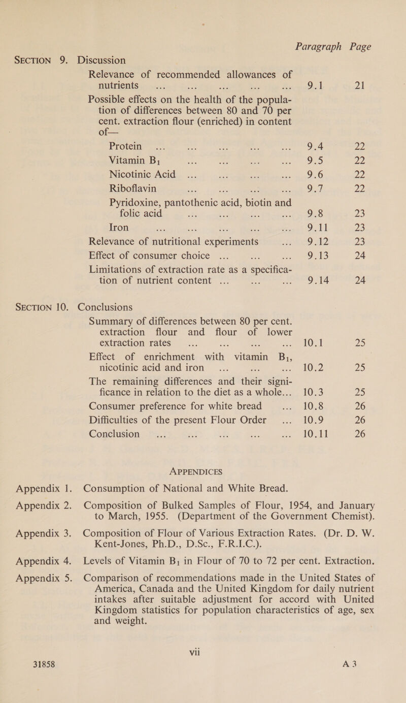 ) Paragraph Page SECTION 9. Discussion Relevance of recommended allowances of nutrients a 9.1 21 Possible effects on the heat of de eatita: tion of differences between 80 and 70 per cent. extraction flour (enriched) in content of— Protein 9.4 22 Vitamin B, 9.5 paps Nicotinic Acid 9.6 22 Riboflavin ee! By) Pyridoxine, pantothenic aoa egal fad folic acid 9.8 23 Iron 9.11 2D Relevance of ee oaieninere On 23 Effect of consumer choice iat’ 983 24 Limitations of extraction rate as a spetitien? tion of nutrient content ... sob we O14 24 SECTION 10. Conclusions Summary of differences between 80 per cent. extraction flour and flour of lower extraction rates... Me woe TORI 25 Effect of enrichment iti vitamin &amp; nicotinic acid and iron .... . 410.2 Dies} The remaining differences and en signi- ficance in relation to the diet as a whole... 10.3 va5) Consumer preference for white bread cn hed 26 Difficulties of the present Flour Order... 10.9 26 Conclusion .... oe i xe ee NOAA 26 APPENDICES Appendix 1. Consumption of National and White Bread. Appendix 2. Composition of Bulked Samples of Flour, 1954, and January to March, 1955. (Department of the Government Chemist). Appendix 3. Composition of Flour of Various Extraction Rates. (Dr. D. W. Kent-Jones, Ph.D., D.Sc., F.R.I.C.). Appendix 4. Levels of Vitamin B, in Flour of 70 to 72 per cent. Extraction. Appendix 5. Comparison of recommendations made in the United States of America, Canada and the United Kingdom for daily nutrient intakes after suitable adjustment for accord with United Kingdom statistics for population characteristics of age, sex and weight. vil