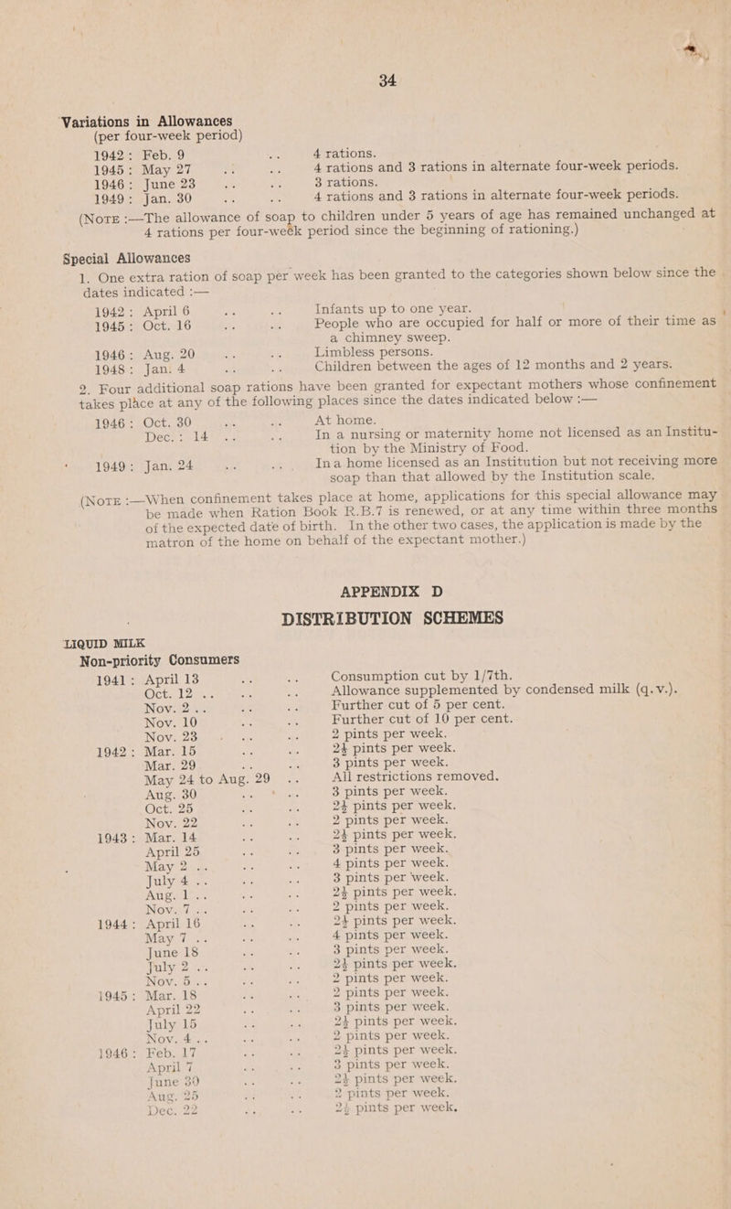 ‘Variations in Allowances (per four-week period) 1942: Feb. 9 4 rations. 1945: May 27 4 rations and 3 rations in alternate four-week periods. 1946: June 23 5 ° 5% 3 rations. | 1949: Jan. 30 ah: sit 4 rations and 8 rations in alternate four-week periods. (NoTE :—The allowance of ae to children under 5 years of age has remained unchanged at 4 rations per four-week period since the beginning of rationing.) Special Allowances 1. One extra ration of soap per week has been granted to the categories shown below since the dates indicated :— 1942: April 6 1945: Oct. 16 Infants up to one year. ; People who are occupied for half or more of their time as a chimney sweep. Limbless persons. 1946: Aug. 20 Children between the ages of 12 months and 2 years. 1948: Jan. 4 bas 9. Four additional soap rations have been granted for expectant mothers whose confinement takes place at any of the following places since the dates indicated below :— 1946: Oct. 30 At home. Dec.: 14 In a nursing or maternity home not licensed as an Institu- tion by the Ministry of Food. Ina home licensed as an Institution but not receiving more 1949: Jan. 24 soap than that allowed by the Institution scale. (Note :—When confinement takes place at home, applications for this special allowance may be made when Ration Book R.B.7 is renewed, or at any time within three months of the expected date of birth. In the other two cases, the application is made by the matron of the home on behalf of the expectant mother.) APPENDIX D DISTRIBUTION SCHEMES LIQUID MILK Non-priority Consumers 1941: April 13 Consumption cut by 1/7th. Oct.12 Allowance supplemented by condensed milk (q.v.). Nov. 2 Further cut of 5 per cent. Nov. 10 Further cut of 10 per cent. Nov. 23 2 pints per week. 1942: Mar. 15 oP 24 pints per week. Mar. 29 ; 3 pints per week. May 24 to Aug. 26. All restrictions removed. Aug. 30 3 pints per week. Oct. 25 24 pints per week. Nov. 22 2 pints per week. 1943: Mar. 14 24 pints per week. April 25 3 pints per week. May 2 .. 4 pints per week. July 4 .. 3 pints per week. AGL 24 pints per week. INOVGi? os 2 pints per week. 1944: April 16 24 pints per week. May 7 .. 4 pints per week. June 18 3 pints per week. pULy ne. 24 pints per week. NOV. On. 2 pints per week. 1945: Mar. 18 2 pints per week. April 22 3 pints per week. July 15 24 pints per week. Nov. 4.. 2 pints per week. 1946: Feb. 17 24 pints per week. April 7 3 pints per week. June 30 24 pints per week. Aug. 25 2 pints per week. Dec. 22 24 pints per week.