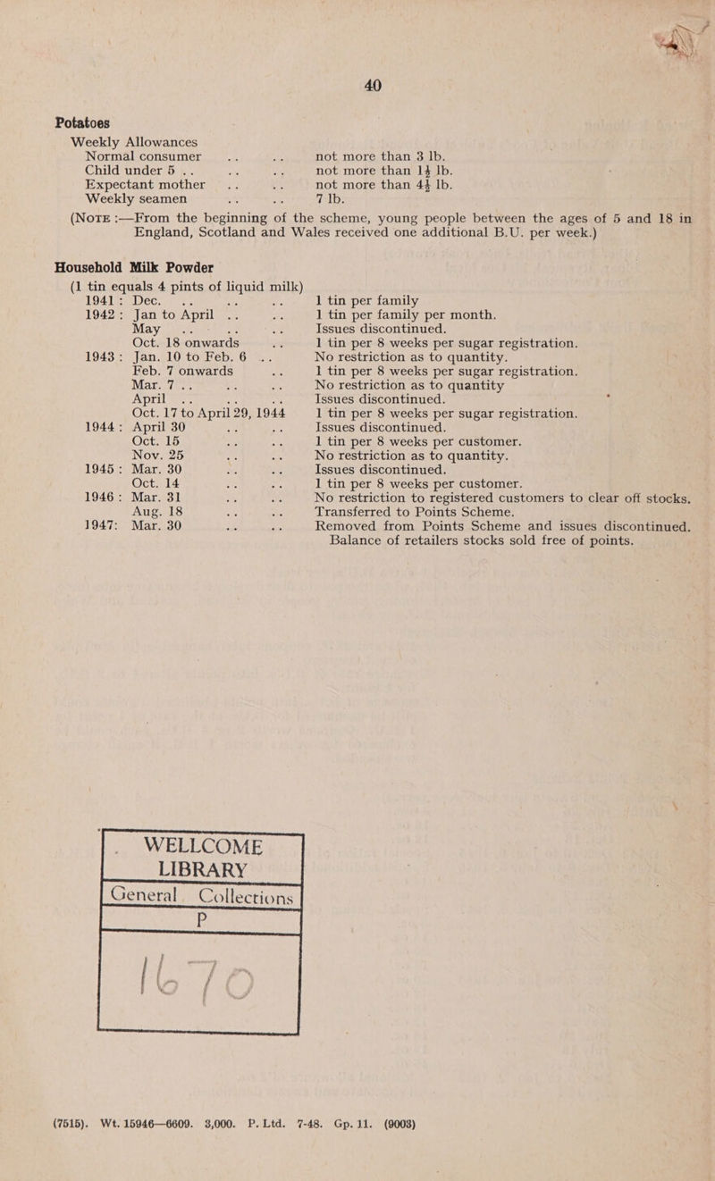 Potatoes 1941 1942 :  HEC. a Ss Jan to ae Mayo. Oct. 18 onwards Jan. 10 to Feb. 6 Feb. 7 onwards Mar. 7 . : ADIT tes Oct. 17 to April 29, 1944 April 30 Oct. 15 Nov. 25 Mar. 30 Oct. 14 Mar. 31 Aug. 18 Mar. 30 WELLCOME LIBRARY.  40 not more than 3 lb. not more than 14 lb. not more than 44 lb. 7 Ib. 1 tin per family 1 tin per family per month. Issues discontinued. 1 tin per 8 weeks per sugar registration. No restriction as to quantity. 1 tin per 8 weeks per sugar registration. No restriction as to quantity Issues discontinued. 1 tin per 8 weeks per sugar registration. Issues discontinued. 1 tin per 8 weeks per customer. No restriction as to quantity. Issues discontinued. 1 tin per 8 weeks per customer. No restriction to registered customers to clear off stocks. Transferred to Points Scheme. Removed from Points Scheme and issues discontinued. Balance of retailers stocks sold free of points.