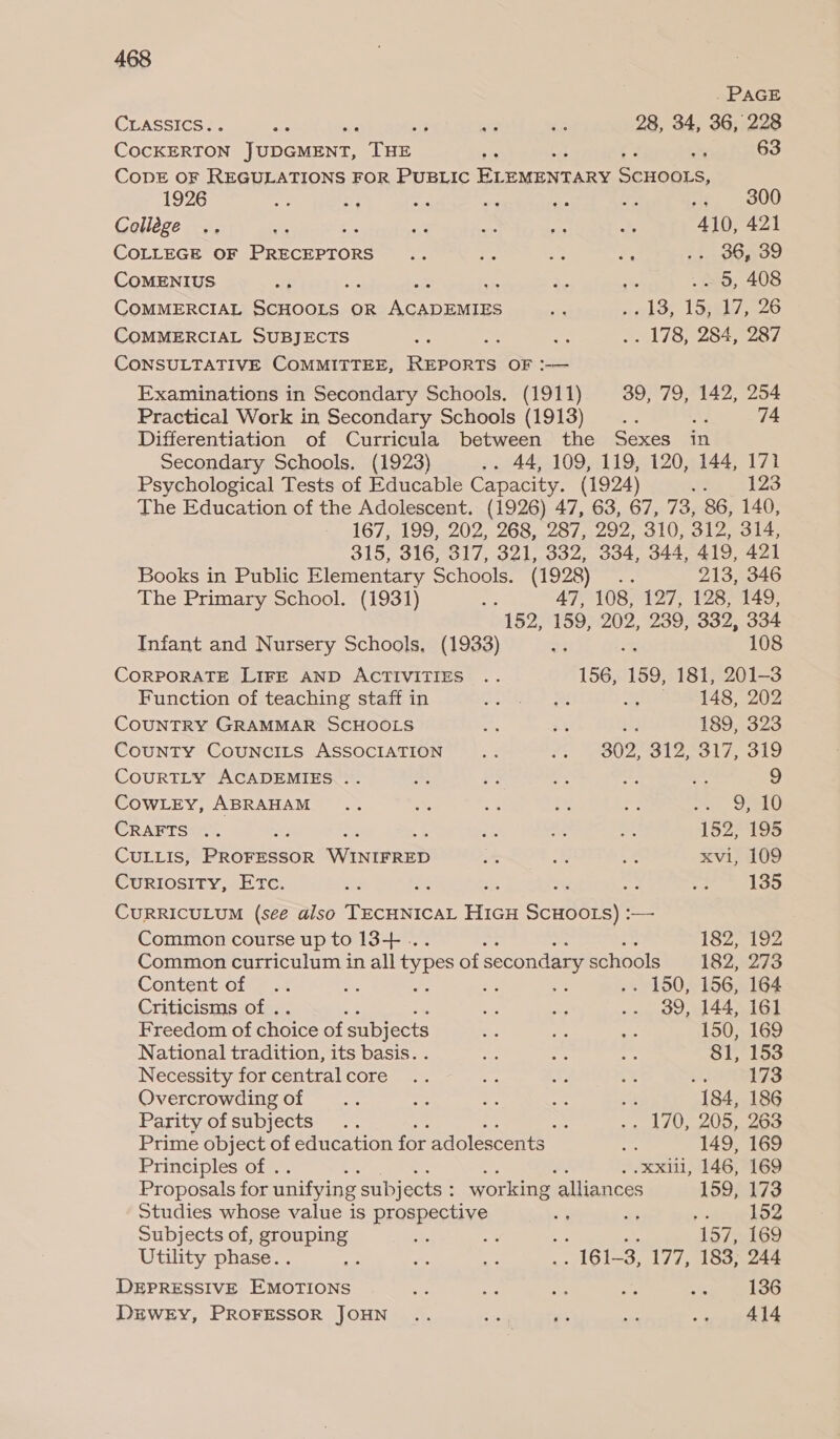 . PAGE CLASSICS. Por : ; me Pe 28, 34, 36, 228 CocknnToN iniretann Te ne ; x 63 CopE OF REGULATIONS FOR PUBLIC ares sap 3 1926 ~ Ws a at ie Ag we hOUO Collége .. xe ; De = fa He 410, 421 COLLEGE OF ERrcrerone ee bye ie he ne pOaoo CoMENIUS oh : - &lt;&lt; .. 5, 408 COMMERCIAL eee ones OR Ne oniee ee elo, LSE 526 COMMERCIAL SUBJECTS ee bir .. 178, 284, 287 CONSULTATIVE COMMITTEE, Rural OF :-— Examinations in Secondary Schools. (1911) 39, 79, 142, 254 Practical Work in Secondary Schools (1913) .. 4), 74 Differentiation of Curricula between the Sexes in Secondary Schools. (1923) .. 44, 109, 119, 120, 144, 171 Psychological Tests of Educable Capacity. (1924) ae 1123 The Education of the Adolescent. (1926) 47, 63, 67, 73, 86, 140, 167, 199, 202, 268, 287, 292, 310, 312, 314, 315, 316, S17, 321.332, 334, 344-419, 4271 Books in Public Elementary Schools. (1928) .. 213, 346 The Primary School. (1931) ze 47, 108, 127, 128, 149, 152, 159, 202, 239, 332, 334 Infant and Nursery Schools, (1933) ne 108 CORPORATE LIFE AND ACTIVITIES .. 156, 159, 181, 201-3 Function of teaching staff in apene 7 e a 148, 202 COUNTRY GRAMMAR SCHOOLS a8 4 in 189, 323 CouNTY COUNCILS ASSOCIATION... JF B02 S12 *3172 319 COURTLY ACADEMIES .. - aa &amp; Se os 9 CowLEy, ABRAHAM .. oe 2% re as teers « KE) CRAFTS .. a Ay as 152, 195 CULLIS, TROraseOR ineeae of a 5. xvi, 109 Curiosity, Etc. te ; _ ee erodes i Fes: CURRICULUM (see also acer te SCHOOLS) :— Common course up to 13-+- .. 182, 192 Common curriculum in all types of secondary schools 182, 273 Content-otts a i: a 3 ae . 150, 156, 164 Criticisms of . pe es .. 39, 144, 161 Freedom of choice of ‘subjects a4 Be a 150, 169 National tradition, its basis. . Ios a ae 81, 153 Necessity forcentralcore .. az As 4; SRLS Overcrowding of .. ae “if i 7 184, 186 Parity of subjects ns : »2 t70, 209,.200 Prime object of education for adolescents af 149, 169 Principles of . .xxiul, 146, 169 Proposals for unifying subjects : wor orking ‘alliances 159, 173 Studies whose value is prospective a oT , eee Subjects of, SFORP aes . ae se = 157, 169 Utility phase. . : ws . .. 161-3, 177, 183, 244 DEPRESSIVE eames Ge a ae oe = 136 DEWEY, PROFESSOR JOHN .. So 3 ue .. 414