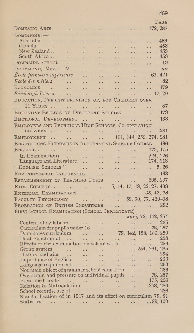 PAGE Domestic ARTS ms a8 a et fe 172, 287 DOMINIONS :—— : Australia 5% a a ws oh he .. 453 Canada : “i oe ah a A .e&gt;_ £93 New Zealand. a ae oe aes a5 oy wpe South Africa . we ae or ie a nee 453 DOWNSIDE SCHOOE aes me is ae = ie 13 DRUMMOND, Miss I. M. Me my ne oes eh XV Ecole primaire supérieure... ah te es 63, 421 Ecole des métiers rt He me, ms Pe an 82 Economics oe A ae “8 i es 179 Edinburgh Review . 5% “6 ee Na ne el) EDUCATION, PRESENT PROVISION OF, FOR gee OVER 11 YEarRs .. a : : ' Ate He 87 EDUCATIVE EFFECTS OF DiPerRENY Srubite ee ie 173 EMOTIONAL DEVELOPMENT .. bor Gis 133 EMPLOYERS AND TECHNICAL HIGH Sis es Co: OPERATION BETWEEN .. Bk ae ab : oO 281 EMPLOYMENT .. - : ms 101, 144, 259, 274, 281 ENGINEERING puna IN eee SCIENCE CoURSE 196 ENGLISH. . RA Ez oe a8 a sat 17%, 3795 In Examinations .. os oe hs es 224, 226 Languageand Literature .. be me ae 174, 218 ‘‘ ENGLISH SCHOOLS ” ; fs a cae sa Ope ENVIRONMENTAL ase he Se, oe es 138 ESTABLISHMENT OF TEACHING PosTs = mn 295, 297 ETON COLLEGE.. i ce: Jy Oa We 22 27, 408 EXTERNAL EXAMINATIONS .. ia i ae 35, 43, 78 FacuLtty PsycHOLoGy ee we .. 58, 70, 77, 429-38 FEDERATION OF BRITISH INDUSTRIES hs , F 282 FIRST SCHOOL EXAMINATION (SCHOOL Cece xxvi, 72, 142, 254 Content of syllabuses ‘ we ee Be £5 92265 Curriculum for pupils under 16 3 ‘ ~ 78, 257 Dominates curriculum af Re 78, 142, 158, 189, 259 Dual Function of .. . eo, 208 Effects of the examination « on school work ntcbareoo Group system Be ar ne as . 254, 261, 265 History andaim .. ae oe se a ot Oe Importance of English a bs es = stu) 263 Language requirement : Bis 26S Not main object of grammar schooleducation .. nelle eS Overstrain and pressure on individual pupils... 78, 207 Prescribed books ... x x ae on 175, 226 Relation to Matriculation sal ae = 258, 260 School records, use of : .. 266 Standardisation of in 1917 ana iia e on ean 78, 81 Statistics ee = ae AY re x . 99, 100