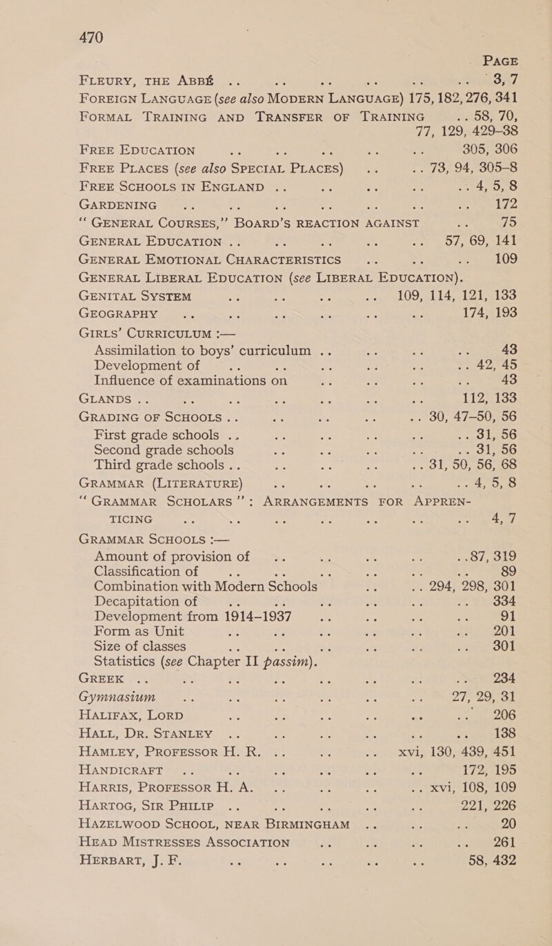 . PAGE FLEURY, THE ABBE .. a Ae Simatioped FOREIGN LANGUAGE (see also Weert ibineraunven® 175, 182, 276, 341 FORMAL TRAINING AND TRANSFER OF TRAINING . 58, 70, Ss 129, 429-38 FREE EDUCATION be = at 305, 306 FREE PLAcEs (see also coe Peicr) Sie .. 73, 94, 305-8 FREE SCHOOLS IN ENGLAND .. Le Ss ee Pea kes GARDENING =; ; 5 ve =: Ns 172 ‘“ GENERAL COURSES,”’ eto: S REACTION AGAINST fe wD GENERAL EDUCATION .. BR ne or wa cD) LOU alas GENERAL EMOTIONAL CHARACTERISTICS a ag is; 109 GENERAL LIBERAL EDUCATION (see LIBERAL EDUCATION). GENITAL SYSTEM aS Bee AS oa, LOD IIA IOP silo GEOGRAPHY ee ie oe sae Se se 174, 193 GIRLS’ CURRICULUM :— Assimilation to boys’ curriculum .. ‘e x Ry 43 Development of gs . sae a er 42740 Influence of examinations on Ete os ae &lt; 43 GLANDS .. : ne ge oP; ee Pe. 112, 133 GRADING OF Sn e ae &lt;e ae .. 30, 47-50, 56 First grade schools .. = e ae — . 31, 56 Second grade schools as a os . 31, 56 Third grade schools .. Ae ere neo te 50, 56, 68 GRAMMAR (LITERATURE) of : an .4,5,8 ““GRAMMAR SCHOLARS ”’: Re ee FOR sae TICING fie — Bn 52 are me lee get: 54174 GRAMMAR SCHOOLS :— Amount of provision of .. = sa ia es ¥ ied tS) Classification of 3 : ve 89 Combination with Modern Schools” ay - 294, 298, 301 Decapitation of : Ke ate ae 334 Development from 1914- 1937 ae a aes 21 33 Form as Unit sy ar 3 a nt 201 Size of classes ae se See yao Statistics (see Chapter IT passim). GREEK .. ns ee .. - we Ae . i LOA Gymnasium Ae ae ~ ee a 2129. oa HALIFAX, LoRD ~ a 4 = ie ee 06 Hatt, Dr. STANLEY .. a é Ss ; ar 138 HAMLEY, PROFESSOR H.R. .. = .. xvi, 130, 439, 451 HANDICRAFT... bai ott ee A 172; 195 HARRIS, PROFESSOR H. in ag: oe os ;. xvi, 108) 109 HARTOG, SIR PHILIP .. ae ae 221, oe HAZELWOOD SCHOOL, NEAR Bee sa a a3 20 HEAD MISTRESSES ASSOCIATION Ae: Bhs i 56 261 HERBART, J. F. ar oe ne oe ee 58, 432