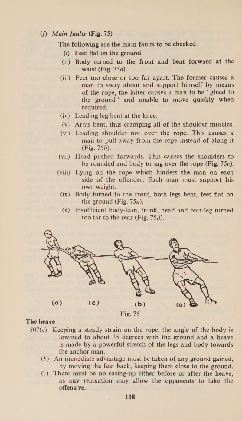 (f) Main faults (Fig. 75) The following are the main faults to be checked : (i) Feet flat on the ground. (ii) Body turned to the front and bent forward at the waist (Fig. 75a). (iii) Feet too close or too far apart. The former causes a man to sway about and support himself by means of the rope, the latter causes a man to be ‘ glued to the ground’ and unable to move quickly when required. (iv) Leading leg bent at the knee. (v) Arms bent, thus cramping all of the shoulder muscles. (vi) Leading shoulder not over the rope. This causes a man to pull away from the rope instead of along it (Fig. 75D). (vii) Head pushed forwards. This causes the shoulders to be rounded and body to sag over the rope (Fig. 75c). (viii) Lying on the rope which hinders the man on each side of the offender. Each man must support his own weight. (ix) Body turned to the front, both legs bent, feet flat on the ground (Fig. 75a). (x) Insufficient body-lean, trunk, head and rear-leg turned too far to the rear (Fig. 75d).  The heave 507(a) Keeping a steady strain on the rope, the angle of the body is lowered to about 35 degrees with the ground and a heave is made by a powerful stretch of the legs and body towards the anchor man. (b) An immediate advantage must be taken of any ground gained, by moving the feet back, keeping them close to the ground. (c) There must be no easing-up either before or after the heave, as any relaxation may allow the opponents to take the offensive.