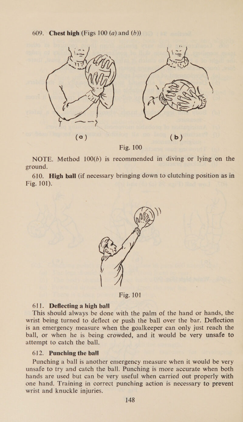 609. Chest high (Figs 100 (a) and (b))  (b) Fig. 100 NOTE. Method 100(b) is recommended in diving or lying on the ground. 610. High ball (if necessary bringing down to clutching position as in Fig. 101).  611. Deflecting a high ball This should always be done with the palm of the hand or hands, the wrist being turned to deflect or push the ball over the bar. Deflection is an emergency measure when the goalkeeper can only just reach the ball, or when he is being crowded, and it would be very unsafe to attempt to catch the ball. 612. Punching the ball Punching a ball is another emergency measure when it would be very unsafe to try and catch the ball. Punching is more accurate when both hands are used but can be very useful when carried out properly with one hand. Training in correct punching action is necessary to prevent wrist and knuckle injuries.