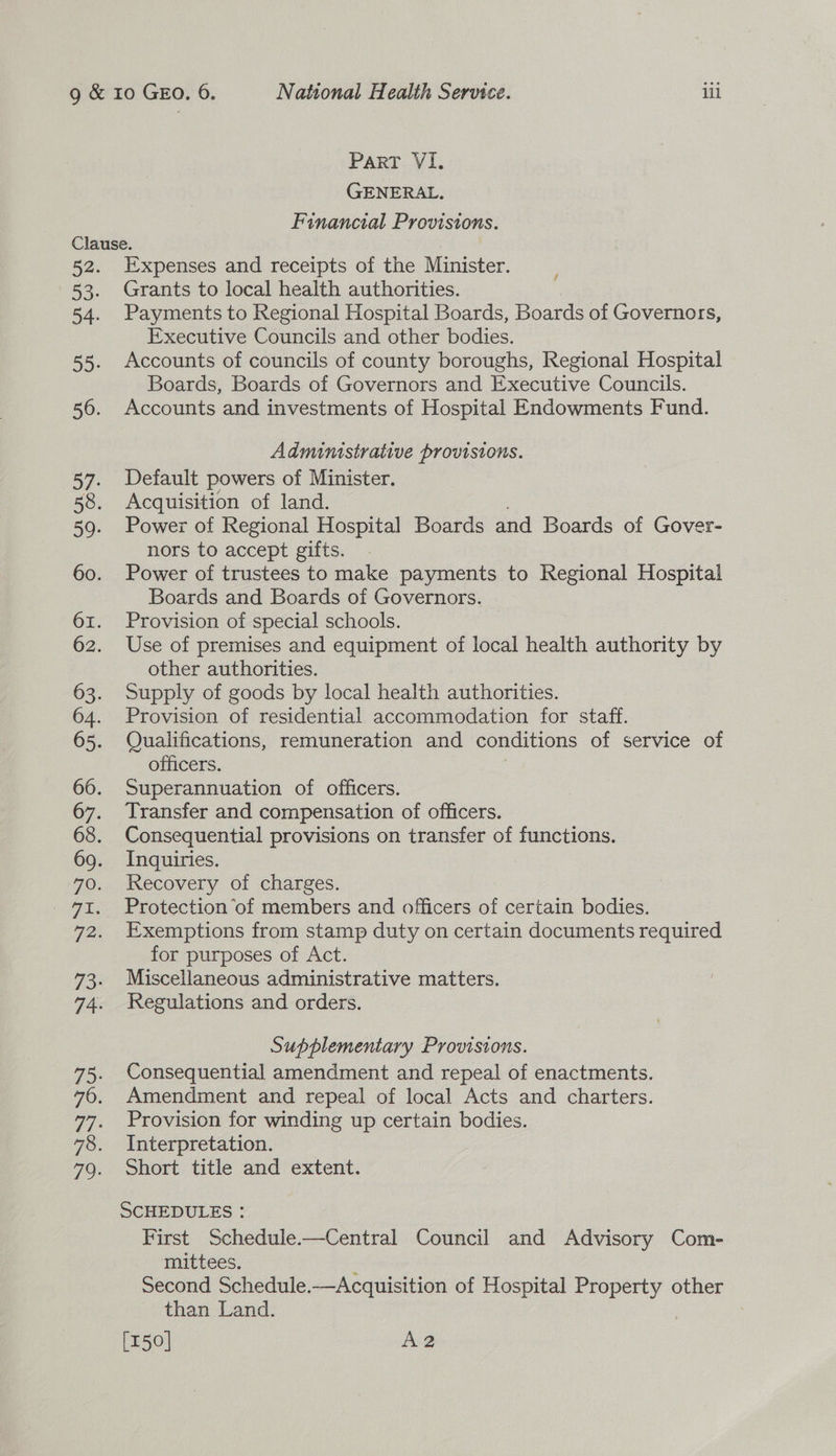 GENERAL. Financial Provisions. Clause. 52. Expenses and receipts of the Minister. 53. Grants to local health authorities. 54. Payments to Regional Hospital Boards, Boards of Governors, Executive Councils and other bodies. 55. Accounts of councils of county boroughs, Regional Hospital Boards, Boards of Governors and Executive Councils. 56. Accounts and investments of Hospital Endowments Fund. Admimstrative provisions. 57. Default powers of Minister. 58. Acquisition of land. 59. Power of Regional Hospital Boards and Boards of Gover- nors to accept gifts. 60. Power of trustees to make payments to Regional Hospital Boards and Boards of Governors. 61. Provision of special schools. 62. Use of premises and equipment of local health authority by other authorities. 63. Supply of goods by local health authorities. 64. Provision of residential accommodation for staff. 65. Qualifications, remuneration and conditions of service of officers. 66. Superannuation of officers. 67. Transfer and compensation of officers. 68. Consequential provisions on transfer of functions. 69. Inquiries. 70. kecovery of charges. . Protection of members and officers of certain bodies. 72. Exemptions from stamp duty on certain documents required for purposes of Act. 73. Miscellaneous administrative matters. 74. Regulations and orders. Supplementary Provisions. 75. Consequential amendment and repeal of enactments. 76. Amendment and repeal of local Acts and charters. 77. Provision for winding up certain bodies. 78. Interpretation. 79. Short title and extent. SCHEDULES : First Schedule.—Central Council and Advisory Com- mittees. Second Schedule.—Acquisition of Hospital ae other than Land. [150] A2