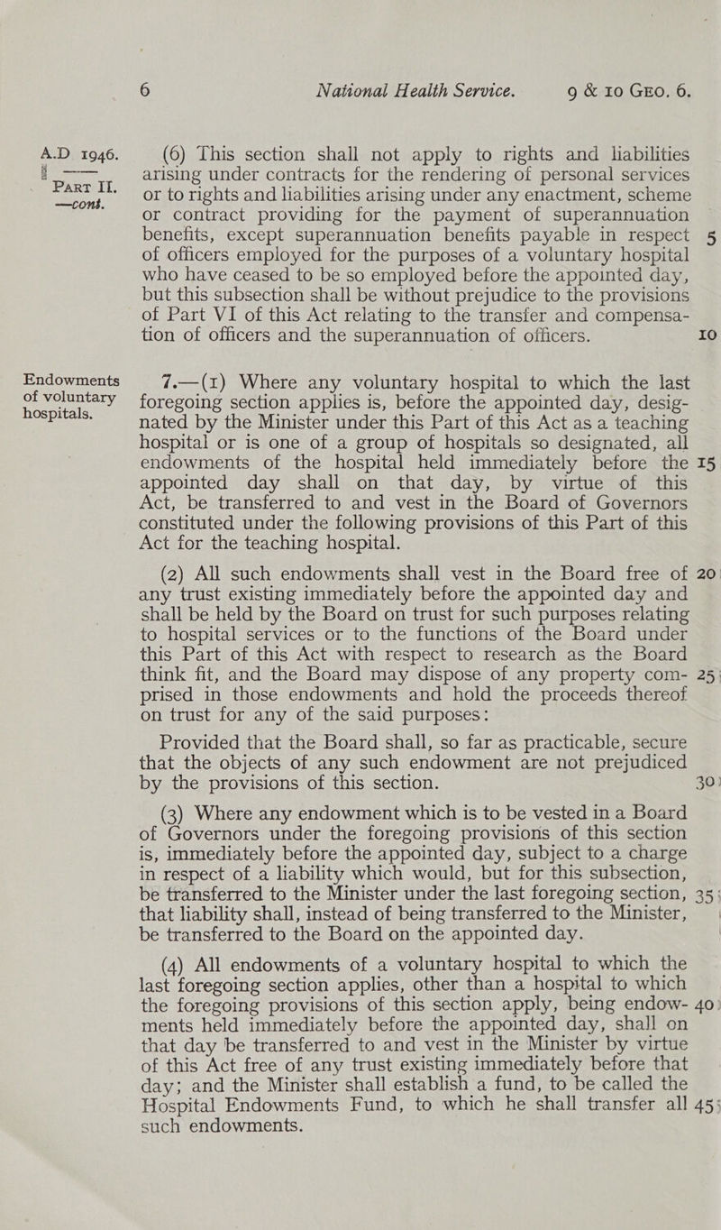 Endowments of voluntary hospitals, 6 National Health Service. 9g & 10 GEO. 6. (6) This section shall not apply to rights and liabilities arising under contracts for the rendering of personal services or to rights and liabilities arising under any enactment, scheme or contract providing for the payment of superannuation benefits, except superannuation benefits payable in respect of officers employed for the purposes of a voluntary hospital who have ceased to be so employed before the appointed day, but this subsection shall be without prejudice to the provisions of Part VI of this Act relating to the transfer and compensa- tion of officers and the superannuation of officers. 7.—(1) Where any voluntary hospital to which the last foregoing section applies is, before the appointed day, desig- nated by the Minister under this Part of this Act as a teaching hospital or is one of a group of hospitals so designated, all endowments of the hospital held immediately before the appointed day shall on that day, by virtue of this Act, be transferred to and vest in the Board of Governors constituted under the following provisions of this Part of this Act for the teaching hospital. (2) All such endowments shall vest in the Board free of any trust existing immediately before the appointed day and shall be held by the Board on trust for such purposes relating to hospital services or to the functions of the Board under this Part of this Act with respect to research as the Board think fit, and the Board may dispose of any property com- prised in those endowments and hold the proceeds thereof on trust for any of the said purposes: Provided that the Board shall, so far as practicable, secure that the objects of any such endowment are not prejudiced by the provisions of this section. (3) Where any endowment which is to be vested in a Board of Governors under the foregoing provisions of this section is, immediately before the appointed day, subject to a charge in respect of a liability which would, but for this subsection, be transferred to the Minister under the last foregoing section, that liability shall, instead of being transferred to the Minister, be transferred to the Board on the appointed day. (4) All endowments of a voluntary hospital to which the last foregoing section applies, other than a hospital to which Io ments held immediately before the appointed day, shall on that day be transferred to and vest in the Minister by virtue of this Act free of any trust existing immediately before that day; and the Minister shall establish a fund, to be called the such endowments.