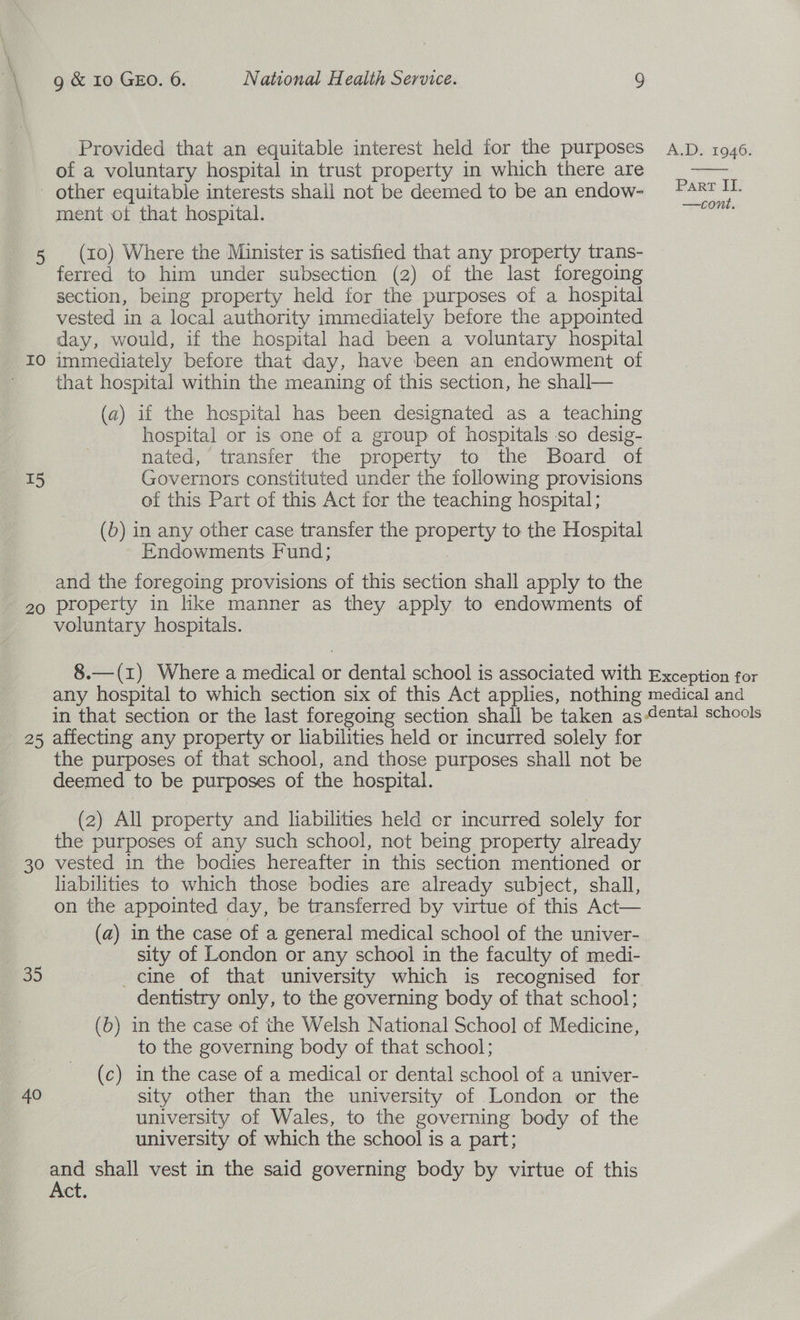 Provided that an equitable interest held for the purposes of a voluntary hospital in trust property in which there are Ou 10 T5 20 25 30 80 40 ment of that hospital. (10) Where the Minister is satisfied that any property trans- ferred to him under subsection (2) of the last foregoing section, being property held for the purposes of a hospital vested in a local authority immediately before the appointed day, would, if the hospital had been a voluntary hospital immediately before that day, have been an endowment of that hospital within the meaning of this section, he shall— (a) if the hospital has been designated as a teaching hospital or is one of a group of hospitals so desig- nated, transfer the property to the Board of Governors constituted under the following provisions of this Part of this Act for the teaching hospital; (6) in any other case transfer the property to the Hospital Endowments Fund; and the foregoing provisions of this section shall apply to the property in like manner as they apply to endowments of voluntary hospitals. A.D. 1946.  Part II. —cont. affecting any property or liabilities held or incurred solely for the purposes of that school, and those purposes shall not be deemed to be purposes of the hospital. (2) All property and liabilities held cr incurred solely for the purposes of any such school, not being property already vested in the bodies hereafter in this section mentioned or liabilities to which those bodies are already subject, shall, on the appointed day, be transferred by virtue of this Act— (a) in the case of a general medical school of the univer- sity of London or any school in the faculty of medi- cine of that university which is recognised for dentistry only, to the governing body of that school; (6) in the case of the Welsh National School of Medicine, to the governing body of that school; (c) in the case of a medical or dental school of a univer- sity other than the university of London or the university of Wales, to the governing body of the university of which the school is a part; and shall vest in the said governing body by virtue of this Act.