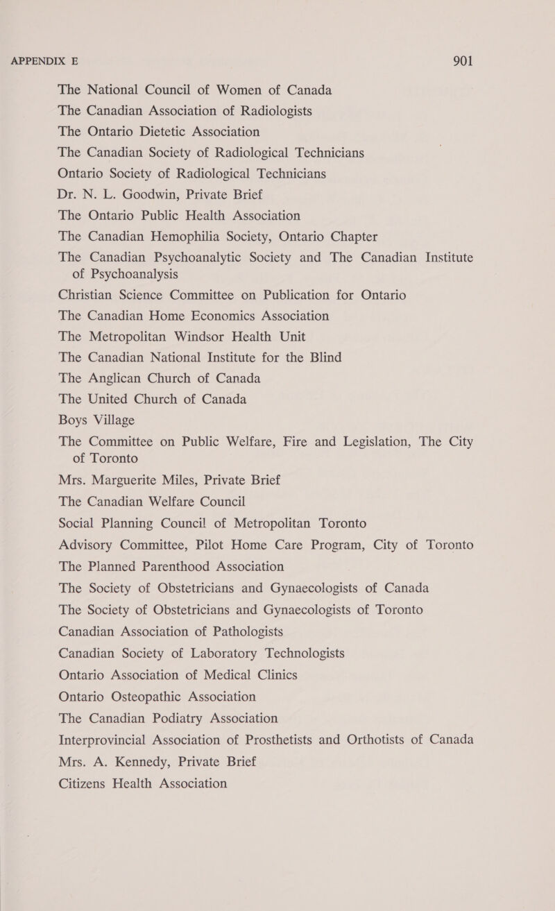 The National Council of Women of Canada The Canadian Association of Radiologists The Ontario Dietetic Association The Canadian Society of Radiological Technicians Ontario Society of Radiological Technicians Dr. N. L. Goodwin, Private Brief The Ontario Public Health Association The Canadian Hemophilia Society, Ontario Chapter The Canadian Psychoanalytic Society and The Canadian Institute of Psychoanalysis Christian Science Committee on Publication for Ontario The Canadian Home Economics Association The Metropolitan Windsor Health Unit The Canadian National Institute for the Blind The Anglican Church of Canada The United Church of Canada Boys Village The Committee on Public Welfare, Fire and Legislation, The City of Toronto Mrs. Marguerite Miles, Private Brief The Canadian Welfare Council Social Planning Council of Metropolitan Toronto Advisory Committee, Pilot Home Care Program, City of Toronto The Planned Parenthood Association | The Society of Obstetricians and Gynaecologists of Canada The Society of Obstetricians and Gynaecologists of Toronto Canadian Association of Pathologists Canadian Society of Laboratory Technologists Ontario Association of Medical Clinics Ontario Osteopathic Association The Canadian Podiatry Association Interprovincial Association of Prosthetists and Orthotists of Canada Mrs. A. Kennedy, Private Brief Citizens Health Association