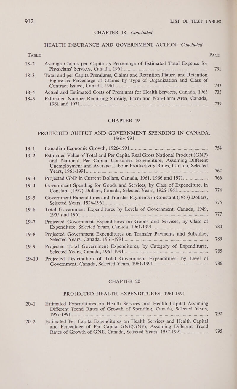 TABLE 18-2 18-3 18-4 18-5 CHAPTER 18—Concluded HEALTH INSURANCE AND GOVERNMENT ACTION—Concluded PAGE Average Claims per Capita as Percentage of Estimated Total Expense for Physictans? Services, Canada, 196105 ...5.44-..007- eer nerve ee ee 731 Total and per Capita Premiums, Claims and Retention Figure, and Retention Figure as Percentage of Claims by Type of Organization and Class of Contractilssued. Canada 2196 [oes namie: nevntncderc isin tome cee tea atv kt eee ae 733 Actual and Estimated Costs of Premiums for Health Services, Canada, 1963 735 Estimated Number Requiring Subsidy, Farm and Non-Farm Area, Canada, 196 Land OTL eae eee ae A ee 739 CHAPTER 19 19-1 19-2 19-3 19-4 19-5 19-6 19-7 19-8 19-9 19-10 20-1 20-2 1961-1991 Canadian Economic:Growtiise| 926-199 1 rs. ccn.t tte crete hese Estimated Value of Total and Per Capita Real Gross National Product (GNP) and National Per Capita Consumer Expenditure, Assuming Different Unemployment and Average Labour Productivity Rates, Canada, Selected AY Garg 96] 199 Toe ee ae tus Senco Ae Pea vince ce haet on ie eee eee Projected GNP in Current Dollars, Canada, 1961, 1966 and 1971.00.00... Government Spending for Goods and Services, by Class of Expenditure, in Constant (1957) Dollars, Canada, Selected Years, 1926-1961..........000000. Government Expenditures and Transfer Payments in Constant (1957) Dollars, Selected sy €ats,71 926-1961 oionoe settee tents sei eters Soha sed ee ee Total Government Expenditures by Levels of Government, Canada, 1949, 1955S ani LOG ee en ec eh ae cae A ae See eo Projected Government Expenditures on Goods and Services, by Class of Expenditure,selected) Y.cars;;Canads.. 1961-19912 eee Projected Government Expenditures on Transfer Payments and Subsidies, Selected sY ears Canada, 1961-1991 co cimtcrschescsceveroussesases esis aceon eee Projected Total Government Expenditures, by Category of Expenditures, Seléctedsy ears. Canada &lt;1961=199 15. 6 ais, ay ctmycnct teat eee Projected Distribution of Total Government Expenditures, by Level of Government; Canadas Selectéd=y cars;11961-1991) oes. eee eee CHAPTER 20 PROJECTED HEALTH EXPENDITURES, 1961-1991 Estimated Expenditures on Health Services and Health Capital Assuming Different Trend Rates of Growth of Spending, Canada, Selected Years, 1957-199 Trees co ete ie rec eitretie iors tie, SM tect tLe ee neva kere ae eee ae Estimated Per Capita Expenditures on Health Services and Health Capital and Percentage of Per Capita GNE(GNP), Assuming Different Trend Rates of Growth of GNE, Canada, Selected Years, 1957-1991.................0. 780 786