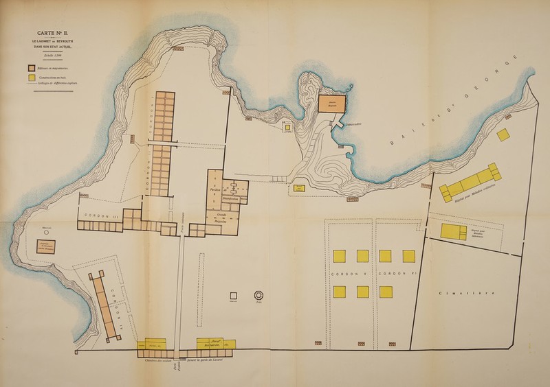  Maladies Hôpital pour Infectieuses    Héservoir  UE J ic L F4 Chambres des soldats   U [) Pavillon —_  faisant la garde du Lazaret AINOIIQUI 9110 99109 P 2104    | FE  f    ll  dre. 1; EE  ‘ ‘ ’ , 0 û ' , , 0 ! Cl Le - CLUITITT.  111  CEOSRADIOUN    uw Personnels (Ancien Monastère)  Réservoir Constructions en baïs. »Logement  CARTE N° II. LE LAZARET pe BEYROUTH DANS SON ETAT ACTUEL. Echelle 1,500 CO Bâtisses en maçonneries. ---....- Grillages de différentes espèces. 