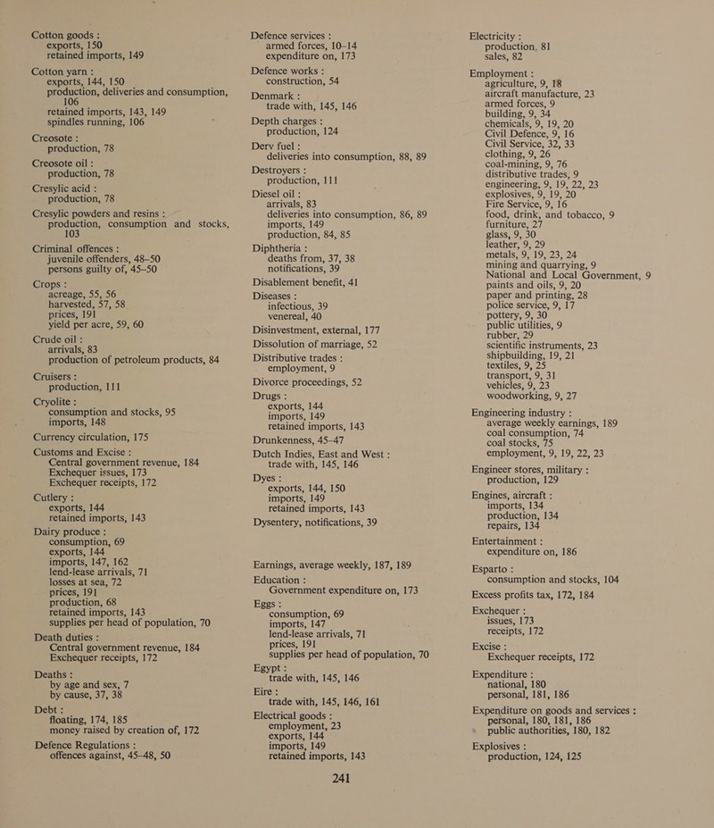 Cotton goods : exports, 150 retained imports, 149 Cotton yarn : exports, 144, 150 ; production, deliveries and consumption, 6 retained imports, 143, 149 spindles running, 106 Creosote : production, 78 Creosote oil : production, 78 Cresylic acid : production, 78 Cresylic powders and resins : production, consumption and _ stocks, 103 Criminal offences : juvenile offenders, 48-50 persons guilty of, 45-50 Crops : acreage, 55, 56 harvested, 57, 58 prices, 191 yield per acre, 59, 60 Crude oil : arrivals, 83 production of petroleum products, 84 Cruisers : production, 111 Cryolite : consumption and stocks, 95 imports, 148 Currency circulation, 175 Customs and Excise : Central government revenue, 184 Exchequer issues, 173 Exchequer receipts, 172 Cutlery : exports, 144 retained imports, 143 Dairy produce : consumption, 69 exports, 144 imports, 147, 162 lend-lease arrivals, 71 losses at sea, 72 prices, 19] production, 68 retained imports, 143 supplies per head of population, 70 Death duties : Central government revenue, 184 Exchequer receipts, 172 Deaths : by age and sex, 7 by cause, 37, 38 Debt : floating, 174, 185 money raised by creation of, 172 Defence Regulations : offences against, 45-48, 50 Defence services : armed forces, 10-14 expenditure on, 173 Defence works : construction, 54 Denmark : trade with, 145, 146 Depth charges : production, 124 Derv fuel : deliveries into consumption, 88, 89 Destroyers : production, 111 Diesel oil : arrivals, 83 deliveries into consumption, 86, 89 imports, 149 production, 84, 85 Diphtheria : deaths from, 37, 38 notifications, 39 Disablement benefit, 41 Diseases : infectious, 39 venereal, 40 Disinvestment, external, 177 Dissolution of marriage, 52 Distributive trades : employment, 9 Divorce proceedings, 52 Drugs : exports, 144 imports, 149 retained imports, 143 Drunkenness, 45-47 Dutch Indies, East and West : trade with, 145, 146 Dyes : exports, 144, 150 imports, 149 retained imports, 143 Dysentery, notifications, 39 Earnings, average weekly, 187, 189 Education : Government expenditure on, 173 Eggs : consumption, 69 imports, 147 lend-lease arrivals, 71 prices, 191 supplies per head of population, 70 Egypt : trade with, 145, 146 Eire : trade with, 145, 146, 161 Electrical goods : employment, 23 exports, 144 imports, 149 retained imports, 143 241 Electricity : production, 81 sales, 82 Employment : agriculture, 9, 18 aircraft manufacture, 23 armed forces, 9 building, 9, 34 chemicals, 9, 19, 20 Civil Defence, 9, 16 Civil Service, 32, 33 clothing, 9, 26 coal-mining, 9, 76 distributive trades, 9 engineering, 9, 19, 22, 23 explosives, 9, 19, 20 Fire Service, 9, 16 food, drink, and tobacco, 9 furniture, 27 glass, 9, 30 leather, 9, 29 metals, 9, 19, 23, 24 mining and quarrying, 9 National and Local Government, 9 paints and oils, 9, 20 paper and printing, 28 police service, 9, 17 pottery, 9, 30 public utilities, 9 rubber, 29 scientific instruments, 23 shipbuilding, 19, 21 textiles, 9, 25 transport, 9, 31 vehicles, 9, 23 woodworking, 9, 27 Engineering industry : average weekly earnings, 189 coal consumption, 74 coal stocks, 75 employment, 9, 19, 22, 23 Engineer stores, military : production, 129 Engines, aircraft : imports, 134 production, 134 repairs, 134 Entertainment : expenditure on, 186 Esparto : consumption and stocks, 104 Excess profits tax, 172, 184 Exchequer : issues, 173 receipts, 172 Excise : Exchequer receipts, 172 Expenditure : national, 180 personal, 181, 186 Expenditure on goods and services : personal, 180, 181, 186 public authorities, 180, 182 Explosives : production, 124, 125
