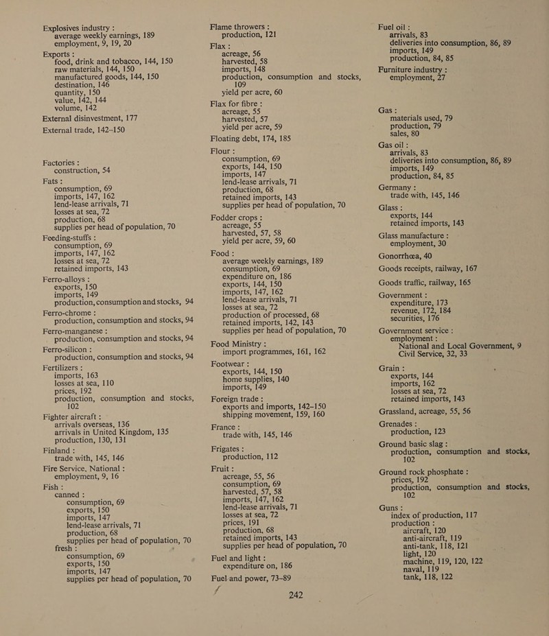 Explosives industry : average weekly earnings, 189 employment, 9, 19, 20 Exports : food, drink and tobacco, 144, 150 raw materials, 144, 150 manufactured goods, 144, 150 destination, 146 quantity, 150 value, 142, 144 volume, 142 External disinvestment, 177 External trade, 142—150 Factories: construction, 54 Fats : consumption, 69 imports, 147, 162 lend-lease arrivals, 71 losses at sea, 72 production, 68 supplies per head of population, 70 Feeding-stuffs : consumption, 69 imports, 147, 162 losses at sea, 72 retained imports, 143 Ferro-alloys : exports, 150 imports, 149 production, consumption and stocks, 94 Ferro-chrome : ; production, consumption and stocks, 94 Ferro-manganese : } production, consumption and stocks, 94 Ferro-silicon : : production, consumption and stocks, 94 Fertilizers : imports, 163 losses at sea, 110 prices, 192 production, consumption and stocks, 102 Fighter aircraft : arrivals overseas, 136 arrivals in United Kingdom, 135 production, 130, 131 Finland : trade with, 145, 146 Fire Service, National : employment, 9, 16 Fish : canned : consumption, 69 exports, 150 imports, 147 lend-lease arrivals, 71 production, 68 supplies per head of population, 70 fresh : consumption, 69 exports, 150 imports, 147 supplies per head of population, 70 Flame throwers : production, 121 Flax : acreage, 56 harvested, 58 imports, 148 sates! consumption and _ stocks, yield per acre, 60 Flax for fibre : acreage, 55 harvested, 57 yield per acre, 59 Floating debt, 174, 185 Flour : consumption, 69 exports, 144, 150 imports, 147 lend-lease arrivals, 71 production, 68 retained imports, 143 supplies per head of population, 70 Fodder crops : acreage, 55 harvested, 57, 58 yield per acre, 59, 60 Food : average weekly earnings, 189 consumption, 69 expenditure on, 186 exports, 144, 150 imports, 147, 162 lend-lease arrivals, 71 losses at sea, 72 production of processed, 68 retained imports, 142, 143 supplies per head of population, 70 Food Ministry : import programmes, 161, 162 Footwear : exports, 144, 150 home supplies, 140 imports, 149 Foreign trade : exports and imports, 142-150 shipping movement, 159, 160 France : trade with, 145, 146 Frigates : production, 112 Fruit : acreage, 55, 56 consumption, 69 harvested, 57, 58 imports, 147, 162 lend-lease arrivals, 71 losses at sea, 72 prices, 191 production, 68 retained imports, 143 supplies per head of population, 70 Fuel and light : expenditure on, 186 Fuel and power, 73-89 fj ‘ 242 Fuel oil : arrivals, 83 deliveries into consumption, 86, 89 imports, 149 production, 84, 85 Furniture industry : employment, 27 Gas: materials used, 79 production, 79 sales, 80 Gas oil : arrivals, 83 deliveries into consumption, 86, 89 imports, 149 production, 84, 85 Germany : trade with, 145, 146 Glass : exports, 144 retained imports, 143 Glass manufacture : employment, 30. Gonorrhea, 40 Goods receipts, railway, 167 Goods traffic, railway, 165 Government : expenditure, 173 revenue, 172, 184 securities, 176 Government service : employment : National and Local Government, 9 Civil Service, 32, 33 Grain : . exports, 144 imports, 162 losses at sea, 72 retained imports, 143 Grassland, acreage, 55, 56 Grenades : production, 123 Ground basic slag : production, consumption and stocks, 02 Ground rock phosphate : prices, 192 - production, consumption and stocks, 102 Guns : index of production, 117 production : aircraft, 120 anti-aircraft, 119 anti-tank, 118, 121 light, 120 machine, 119, 120, 122 naval, 119 tank, 118, 122