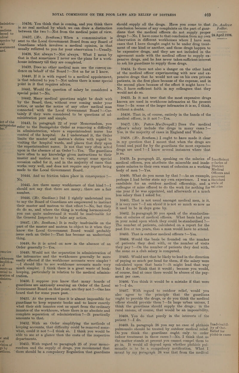  Iministra-- 10436. You think that is coming, and you think there should supply all the drugs. Have you come to that Dr. Andrew eS. is no real method by which we can draw a distinction conclusion because of any complaints on the part of guar- eee to between the two ?—Not from the medical point of view. dians that the medical officers do not supply proper dddoulzo0 adical 10437. (Mr. Bentham.) When a communication is drugs t—No, I have come to that conclusion from my own RPE ASS spector by sent to the Local Government Board from Sidi Bestd, of observation in different workhouses where I have seen cal Guardians which involves a medical opinion, is that cases that I baye thought ought to be under drug treat- vermment usually referred to you for your observation ?-—Usually, ™ent of one kind or another, and those drugs happen to ard. y : y be expensive drugs, and they are not included in the 10438. Not always ?—Not always. What I mean by agreement made with the medical officer to supply ex- that is that sometimes I never see the plans for a work- pensive drugs, and he has never taken sufficient interest house infirmary till they are completed. to ask his guardians to supply those drugs. 10439. Does no other medical man see the corresyon- 10454. Is there not also a danger on the other hand dence on behalf of the Board ?—Not as far as I know. of ‘the médiéal officer Sapicinientiy with new and ex- 10440. If it is with regard to a medical appointment, pensive drugs that he would not use on his own private is that referred to you ?—Not unless there is some special patients, in che first place because of the expense, and in point in it that requires advice. the second place because of the effect it might have ?— 10441. Would the question of salary be considered a No, I have sufficient faith in my colleagues that they special point ?—No. would not do so. 10442, Many medical questions might be dealt with 10455. Is it not) true that the most expensive drugs by the Board, then, without ever coming under your known are used in workhouse infirmaries at the present notice, or under the notice of any other medical man ‘ime ?—In some of the larger infirmaries it is so, I think, connected with the Local Government Board ?—Cer- Without a doubt. tainly if they were considered to be questions of ad- 16456. That is, of course, entirely in the hands of the ministration pure and simple. medical officer, is it not ?—Yes. ect ofthe 10443. In paragraph 22 of your Memorandum, you 10457. (Mr. Patten-MacDougall.) Does the medical ingstoke refer to the Basingstoke Ord , ler,” : o the basingstoke Order as removing a difficulty officer’s salary include the drugs in many cases ?— in administration, where a superintendent nurse has Yes, in the majority of cases in England and Wales. control of the hospital. As I understand it, the Order : : limits the master and matron’s duties with regard to. 10458. (Mr. Bentham.) I ought to have made it clear visiting the hospital wards, and places that duty upon i my question that I meant that when the drugs are the superintendent nurse. Is not that very often acted found and paid for by the guardians the most expensive upon in the absence of an Order ?—Yes. The guardians drugs are used ?—I know several instances where that have often to my knowledge given instructions to their 38 8% master and matron not to visit, except some special 10459. In paragraph 25, speaking on the salaries of Insufficient occasion called for it, and in the majority of cases that medical officers, you aturibute the miserable and inade- salaries of works very well, and does not require any report being quate salaries to their own want of cohesion as a working District made to the Local Government Board. body of men ?—Yes. nee 10444, And no friction takes place in consequence ?— 10460. What do you mean by that ?—As an example, proposed No. perhaps I had better state my cwn experience. I was a sta Bae : candidate for an outdoor medical officership, and a scale o Su a oe ete ‘ oe ee ee colleague ot mine offered to do the work for nothing for sal.uries ailsax ; one year if he was appointed, and afterwards at a much 10446 (Mr. Gardiner.) Did I rightl derstand Pieeteguie a ae om } : r. i un and you : : i a to say the Board of Guardians are auiherSA to duptareed Target wlene Rages pres auionest eee Teepe their master and matron to that effect 7—No, but they abe ite pre are Oe cage” Santee aaa anes do do so, and where the thing is working harmoniously UMRISE WI OCGBL ESOL UTI you can quite understand it would be inadvisable for 10462. In paragraph 30 you speak of the standardisa- the General Inspector to take any action. tion ot salaries of medical officers. What basis had you 10447. (Mr. Bentham.) It is really inadvisable on the (4 YO Bind, pom aaah epeacoud be siendatieed, t-.- part of the master and matron to object to it when they bbe mun bes ob Shen’ ealaniated ns Ae FEROS AoE aHe know the Local Government Board would probably past five or ten years, that a man wou ave to attend. issue such an Order ?—That has become an understood 10463, That is outdoor medical officers ?—Yes. thing. 10464. Would the basis be founded on the number 10448. So it is acted on now in the absence of an Of patients they deal with, or the number of visits Order generally ?—Yes. they pay ?—On the number of patients they deal with, rmaries 10449. Would not the separation in administration of phen oRis a crab sealanyyis computed. Be anes the infirmaries and the workhouses generally be more 10465. Would not that be likely to lead in the direction implifica- easily effected if the workhouse accounts were simpler? of paying so much per head for them, if the salary were ok —I should like to see workhouse accounts made very calculated upon that basis ?—It might lead that way ountsan much simpler. I think there is a great waste of book- but I do not“think that it would; because you would, tial to keeping, particularly in relation to the medical adminis- of course, find at once there would be abuses of the pay- aration of tration, ment per case. ot 10450. I suppose you know that many boards of 10466. You think it would be a mistake if that were- . guardians are anxiously awaiting an Order of the Local so ?—I do. Government Board on that point, are they not ?—One has 10467. With regard to outdoor relief, would you heard that for See ye seeap ant also agree to the principle that the guardians 10451. At the present time it is almost impossible for ought to provide the drugs, or do you think the medical guardians to keep separate books and to know exactly Officer should provide them ?—In large urban unions, I what their sick inmates cost as apart from the ordinary think the guardians should supply the drugs; in the inmates of the workhouse, where there is no absolute and rural unions, of course, that would be an impossibility. complete separation of administration ?—It practically 10468. You do that purely in the interests of the amounts to that. patient ?—I do. 10452. With an Order simplifying the methods of 10469. In. paragraph 38 vou say no.case of phthisjs Inadvisabil- _ keeping accounts, that difficulty could be remove : svat e , y y ial Blk se ity of Out- eli dt 1-1 think ob.o I khisik yo would to aS Sei epalsiom more Taliet fon $ and - i. a ee ee se Peiestire indoor treatment in those cases ?—No, I think that as me not Par aents. ? the matter stands at present you cannot compel them to rision of 10453. With regard to paragraph 25 of your memo- go in. It would all depend upon whether phthisis pul- gs by randum and the supply of drugs, you recommend that monalis is to be a compulsory notification. What I rdians, “there should be a compulsory Regulation that guardians meant by my paragraph 38 was that from the medical