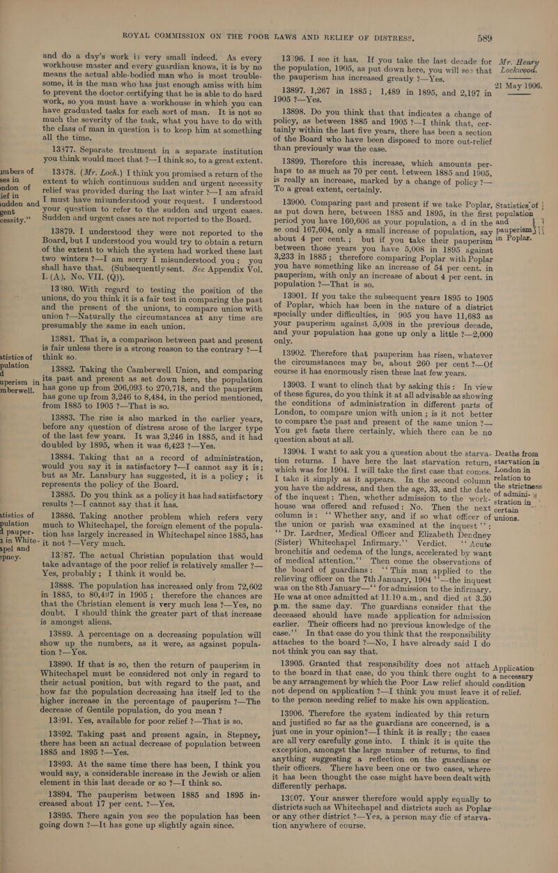 and do a day’s work is very small indeed. As every workhouse master and every guardian knows, it is by no means the actual able-bodied man who is most trouble- some, it is the man who has just enough amiss with him to prevent the doctor certifying that he is able to do hard work, so you must have a workhouse in which you can have graduated tasks for each sort of man. It is not so much the severity of the task, what you have to do with the class of man in question is to keep him at something all the time. 13377. Separate treatment in a separate institution you think would meet that ?—I think so, to a great extent. 13378. (Mr. Loch.) I think you promised a return of the extent to which continuous sudden and urgent necessity imbers of ses in ndon of relief was provided during the last winter 7—I am afraid “SH d I must have misunderstood your request. I understood a % your question to refer to the sudden and urgent cases. cessity.” Sudden and urgent cases are not reported to the Board. 13879. I understood they were not reported to the Board, but I understood you would try to obtain a return of the extent to which the system had worked these last two winters ?—I am sorry I misunderstood you; you shall have that. (Subsequentlysent. See Appendix Vol. 1.(A), No. VII. (Q)). 13380. With regard to testing the position of the unions, do you think it is a fair test in comparing the past and the present of the unions, to compare union with union ?—Naturally the circumstances at any time are presumably the same in each union. 13881. That is, a comparison between past and present is fair unless there is a strong reason to the contrary ?—I utisticsof think so. pulation 13882. Taking the Camberwell Union, and comparing aperism in 18 past and present as set down here, the population hail has gone up from 206,093 to 270,718, and the pauperism has gone up from 3,246 to 8,484, in the period mentioned, from 1885 to 1905 ?—That is so. 13883. The rise is also marked in the earlier years, before any question of distress arose of the larger type of the last few years. It was 3,246 in 1885, and it had doubled by 1895, when it was 6,423 ?—Yes. 13884. Taking that as a record of administration, would you say it is satisfactory ?—I cannot say it is; but as Mr. Lansbury has suggested, it is a policy; it represents the policy of the Board. 13885. Do you think as a policy it has had satisfactory results ?—I cannot say that it has. tistics of 13886. Taking another problem which refers very pulation much to Whitechapel, the foreign element of the popula- i pauper- tion has largely increased in Whitechapel since 1885, has ain White- it not ?—Very much. pel and pels AtKe : ypney. 13287. The actual Christian population that would take advantage of the poor relief is relatively smaller ?— Yes, probably; I think it would be. 13888. The population has increased only from 72,602 in 1885, to 80,497 in 1905; therefore the chances are that the Christian element is very much less ?—Yes, no doubt. I should think the greater part of that increase is amongst aliens. 13889. A percentage on a decreasing population will show up the numbers, as it were, as against popula- tion ?—Yes. 13890. If that is so, then the return of pauperism in Whitechapel must be considered not only in regard to their actual position, but with regard to the past, and how far the population decreasing has itself led to the higher increase in the percentage of pauperism ?—The decrease of Gentile population, do you mean ? 13391. Yes, available for poor relief ?—That is so. 13392. Taking past and present again, in Stepney, there has been an actual decrease of population between 1885 and 1895 ?—Yes. 13893. At the same time there has been, I think you would say, a considerable increase in the Jewish or alien element in this last decade or so ?—I think so. 13894. The pauperism between 1885 and 1895 in- creased about 17 per cent. ?—Yes. 13895. There again you see the population has been going down ?—It has gone up slightly again since. 589 13396. I see it has. If you take the last decade for Mr. Henry the population, 1905, as put down here, you will se&gt; that Lockwood. the pauperism has increased greatly ?—Yes. 13897. 1,267 in 1885; 1,489 in 1895, and 2,197 in 1905 ?—Yes. 13898. Do you think that that indicates a change of policy, as between 1885 and 1905 ?—I think that, cer- tainly within the last five years, there has been a section of the Board who have been disposed to more out-relief than previously was the case.  21 May 1906.  13899. Therefore this increase, which amounts per- haps to as much as 70 per cent. Letween 1885 and 1905, is really an increase, marked by a change of policy ?— To a great extent, certainly. 13900. Comparing past and present if we take Poplar, Statistics of | as put down here, between 1885 and 1895, in the first population period you have 160,606 as your population, a d in the and my! + se_ond 167,604, only a small increase of population, say Pauperism) | about 4 per cent.; but if you take their pauperism ro between those years you have 5,008 in 1895 against 3,233 in 1885; therefore comparing Poplar with Poplar you have something like an increase of 54 per cent. in pauperism, with only an increase of about 4 per cent. in population ?—That is so. 13901. If you take the subsequent years 1895 to 1905 of Poplar, which has been in the nature of a district specially under difficulties, in 905 you have 11,683 as your pauperism against 5,008 in the previous decade, and your population has gone up only a little ?—2,000 only. 13902. Therefore that pauperism has risen, whatever the circumstances may be, about 260 per cent ?—Of course it has enormously risen these last few years. 13903. I want to clinch that by asking this: In view of these figures, do you think it at all advisable as showing the conditions of administration in different parts of London, to compare union with union ; is it not better to compare the past and present of the same union ?— You get facts there certainly, which there can be no question about at all. 13904. I want to ask you a question about the starva- Deaths from tion returns. I have here the last starvation return, starvation in| which was for 1904. I will take the first case that comes, London in I take it simply as it appears. In the second column pes to you have the address, and then the age, 33, and the date Won of the inquest: Then, whether admission to the work- strationin sf house was offered and refused: No. Then the next certain ~ column is: ‘* Whether any, and if so what officer of unions. the union or parish was examined at the inquest ’’: ‘* Dr. Lardner, Medical Officer and Elizabeth Dendney (Sister) Whitechapel Infirmary.’’ Verdict. ‘‘ Acute bronchitis and oedema of the lungs, accelerated by want of medical attention.’’ Then come the observations of the board of guardians: ‘‘ This man applied to the relieving officer on the 7th January, 1904 ’’—the inquest was on the 8th January—‘* for admission to the infirmary. He was at once admitted at 11.10 a.m., and died at 3.30 p.m. the same day. The guardians consider that the deceased should have made application for admission earlier. Their officers had no previous knowledge of the case.’’ In that case do you think that the responsibility attaches to the board ?—No, I have already said I do not think you can say that. 13905. Granted that responsibility does not attach Application: to the board in that case, do you think there ought to 9 necessary be any arrangement by which the Poor Law relief should condition not depend on application ?—I think you must leave it of relief. to the person needing relief to make his own application. 13906. Therefore the system indicated by this return and justified so far as the guardians are concerned, is a just one in your opinion?—I think it is really; the cases are all very carefully gone into. I think it is quite the exception, amongst the large number of returns, to find anything suggesting a reflection on the guardians or their officers. There have been one or two cases, where. it has been thought the case might have been dealt with differently perhaps. 13607. Your answer therefore would apply equally to districts such as Whitechapel and districts such as Poplar or any other district ?—Yes, a person may die of starva- tion anywhere of course.
