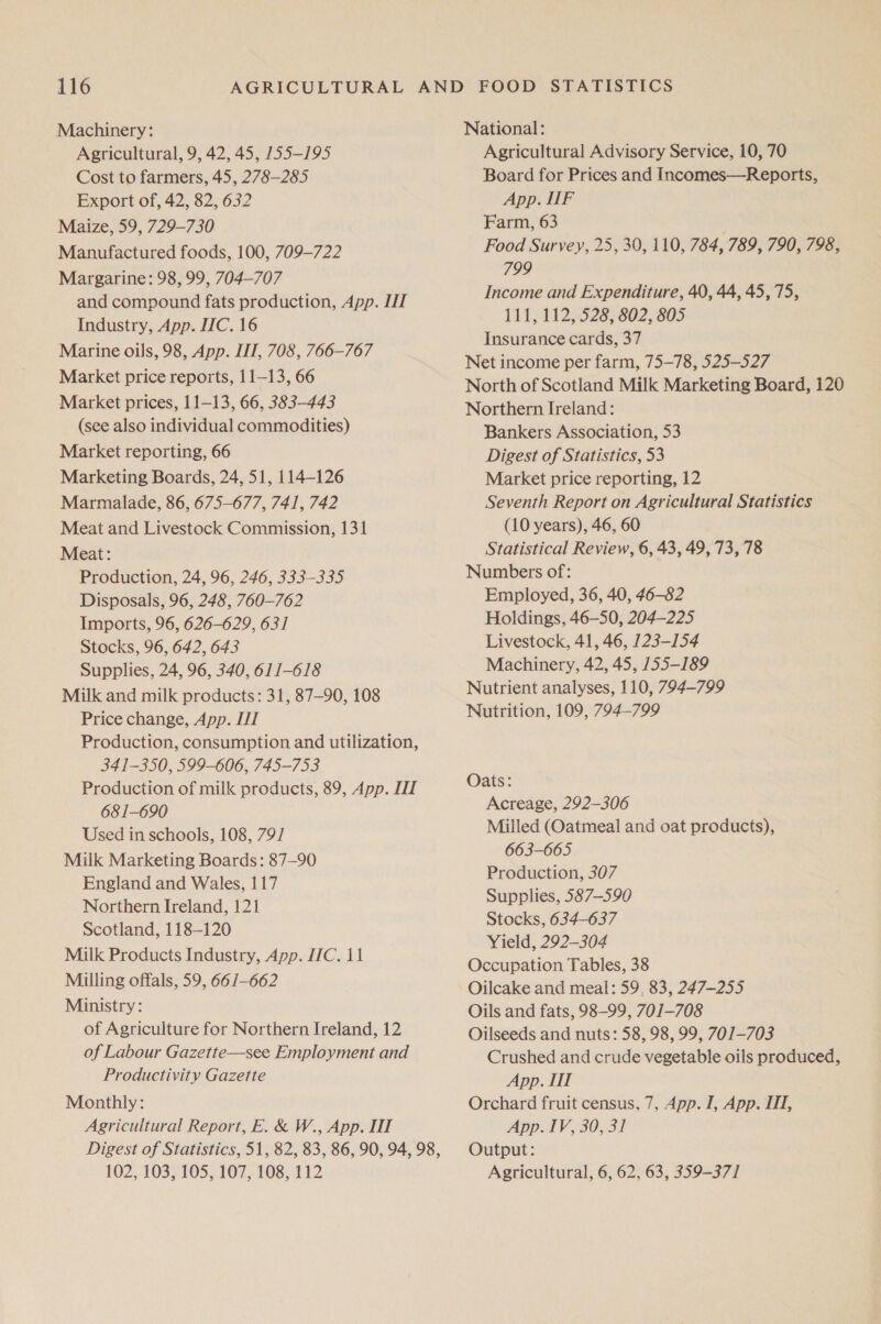 Machinery: Agricultural, 9, 42, 45, 755-195 Cost to farmers, 45, 278-285 Export of, 42, 82, 632 Maize, 59, 729-730 Manufactured foods, 100, 709-722 Margarine: 98, 99, 704-707 and compound fats production, App. IT Industry, App. LIC. 16 Marine oils, 98, App. LI, 708, 766-767 Market price reports, 11-13, 66 Market prices, 11-13, 66, 383-443 (see also individual commodities) Market reporting, 66 Marketing Boards, 24, 51, 114-126 Marmalade, 86, 675-677, 741, 742 Meat and Livestock Commission, 131 Meat: Production, 24, 96, 246, 333-335 Disposals, 96, 248, 760-762 Imports, 96, 626-629, 631 Stocks, 96, 642, 643 Supplies, 24, 96, 340, 611-618 Milk and milk products: 31, 87-90, 108 Price change, App. II Production, consumption and utilization, 341-350, 599-606, 745-753 Production of milk products, 89, App. II 681-690 Used in schools, 108, 79/ Milk Marketing Boards: 87-90 England and Wales, 117 Northern Ireland, 121 Scotland, 118-120 Milk Products Industry, App. LC. 11 Milling offals, 59, 66/-662 Ministry: of Agriculture for Northern Ireland, 12 of Labour Gazette—see Employment and Productivity Gazette Monthly: Agricultural Report, E. &amp; W., App. IIT Digest of Statistics, 51, 82, 83, 86, 90, 94, 98, 102, 103, 105, 107, 108, 112 National: Agricultural Advisory Service, 10, 70 Board for Prices and Incomes—Reports, App. IlF Farm, 63 Food Survey, 25, 30, 110, 784, 789, 790, 798, 799 Income and Expenditure, 40, 44, 45, 75, 111, 112, 528, 802, 805 Insurance cards, 37 Net income per farm, 75-78, 525-527 North of Scotland Milk Marketing Board, 120 Northern Ireland: Bankers Association, 53 Digest of Statistics, 53 Market price reporting, 12 Seventh Report on Agricultural Statistics (10 years), 46, 60 Statistical Review, 6, 43, 49, 73, 78 Numbers of: Employed, 36, 40, 46-82 Holdings, 46-50, 204-225 Livestock, 41, 46, 123-154 Machinery, 42, 45, 155-189 Nutrient analyses, 110, 794-799 Nutrition, 109, 794-799 Oats: Acreage, 292-306 Milled (Oatmeal and oat products), 663-665 Production, 307 Supplies, 587-590 Stocks, 634-637 Yield, 292-304 Occupation Tables, 38 Oilcake and meal: 59, 83, 247-255 Oils and fats, 98-99, 701-708 Oilseeds and nuts: 58, 98, 99, 701-703 Crushed and crude vegetable oils produced, App. HI Orchard fruit census, 7, App. I, App. IH, App. IV, 30331 Output: Agricultural, 6, 62, 63, 359-371
