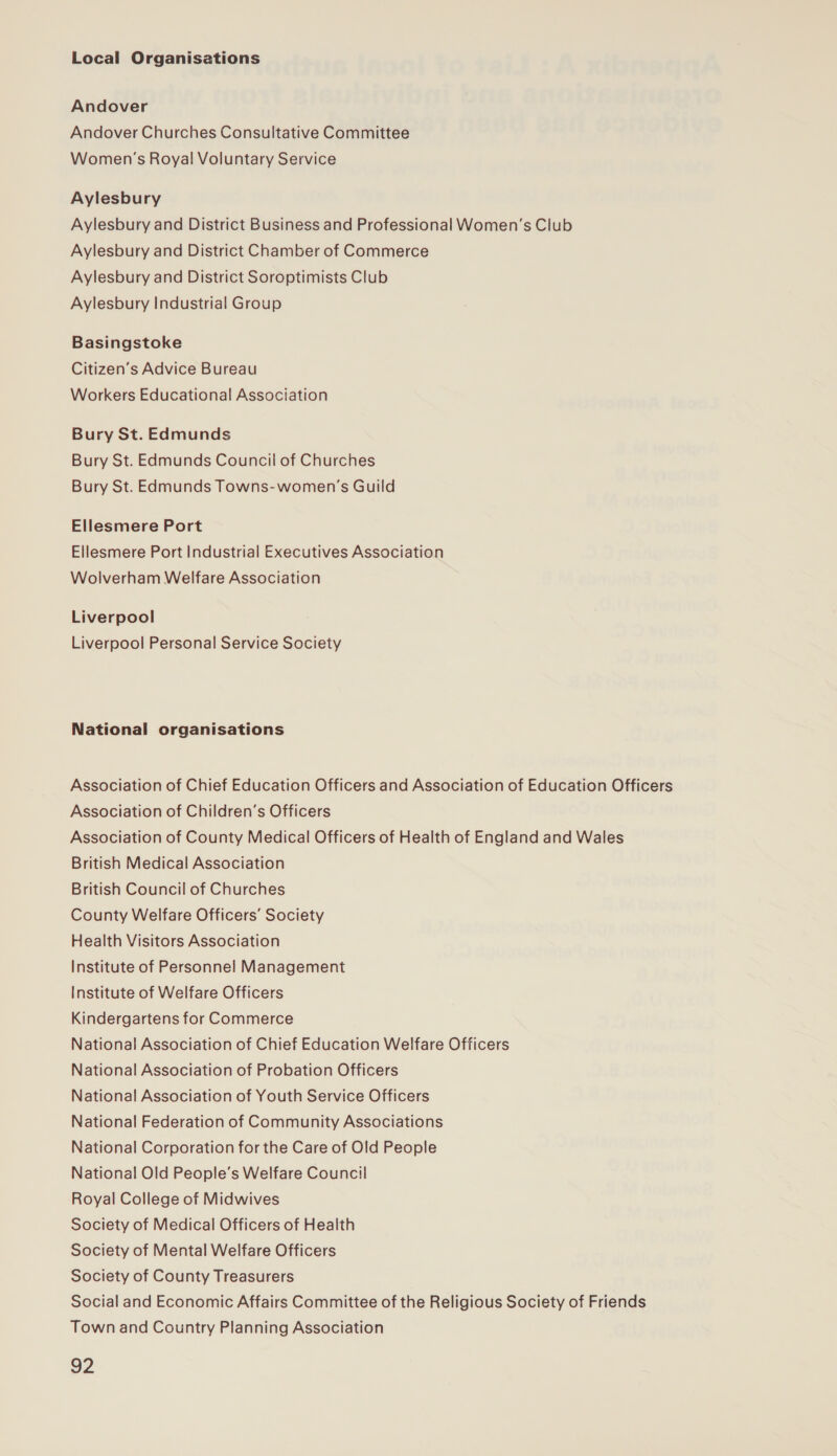 Local Organisations Andover Andover Churches Consultative Committee Women’s Royal Voluntary Service Aylesbury Aylesbury and District Business and Professional Women’s Club Aylesbury and District Chamber of Commerce Aylesbury and District Soroptimists Club Aylesbury Industrial Group Basingstoke Citizen’s Advice Bureau Workers Educational Association Bury St. Edmunds Bury St. Edmunds Council of Churches Bury St. Edmunds Towns-women’s Guild Ellesmere Port Ellesmere Port Industrial Executives Association Wolverham Welfare Association Liverpool Liverpool Personal Service Society National organisations Association of Chief Education Officers and Association of Education Officers Association of Children’s Officers Association of County Medical Officers of Health of England and Wales British Medical Association British Council of Churches County Welfare Officers’ Society Health Visitors Association Institute of Personnel Management Institute of Welfare Officers Kindergartens for Commerce National Association of Chief Education Welfare Officers National Association of Probation Officers National Association of Youth Service Officers National Federation of Community Associations National Corporation for the Care of Old People National Old People’s Welfare Council Royal College of Midwives Society of Medical Officers of Health Society of Mental Welfare Officers Society of County Treasurers Social and Economic Affairs Committee of the Religious Society of Friends Town and Country Planning Association