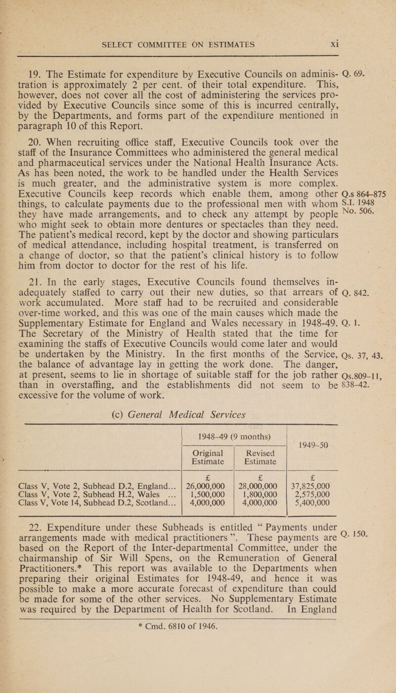  19. The Estimate for expenditure by Executive Councils on adminis- Q. 69. tration is approximately 2 per cent. of their total expenditure. This, however, does not cover all the cost of administering the services pro- by the Departments, and forms part of the expenditure mentioned in paragraph 10 of this Report. 20. When recruiting office staff, Executive Councils took over the staff of the Insurance Committees who administered the general medical and pharmaceutical services under the National Health Insurance Acts. As has been noted, the work to be handled under the Health Services is much greater, and the administrative system is more complex. . Executive Councils keep records which enable them, among other Q:s 864-875 things, to calculate payments due to the professional men with whom 54.1. 1948 they have made .arrangements, and to check any attempt by people INO ye who might seek to obtain more dentures or spectacles than they need. The patient’s medical record, kept by the doctor and showing particulars of medical attendance, including hospital treatment, is transferred on a change of doctor, so that the patient’s clinical history is to follow ‘him from doctor to doctor for the rest of his life. 21. In the early stages, Executive Councils found themselves in- adequately staffed to carry out their new duties, so that arrears of Q. 842. work accumulated. More staff had to be recruited and considerable over-time worked, and this was one of the main causes which made the Supplementary Estimate for England and Wales necessary in 1948-49. Q. 1. The Secretary of the Ministry of Health stated that the time for examining the staffs of Executive Councils would come later and would be undertaken by the Ministry. In the first months of the Service, Qs. 37, 43. the balance of advantage lay in getting the work done. The danger, at present, seems to lie in shortage of suitable staff for the job rather Qs.809-11, than in overstaffing, and the establishments did not seem to be 838-42. excessive for the volume of work. (c) General Medical Services  | 1948—49 (9 months) (oe eee eae ech peggy   Original Revised Estimate Estimate £ £ £ Class V, Vote 2, Subhead D.2, England... | 26,000,000 | 28,000,000 | 37,825,000 Class V, Vote 2, Subhead H.2, Wales ... 1,500,000 1,800,000 2,575,000 Class V, Vote 14, Subhead D.2, Scotland... | 4,000,000 4,000,000 5,400,000 22. Expenditure under these Subheads is entitled “ Payments under arrangements made with medical practitioners”. These payments are based on the Report of the Inter-departmental Committee, under the chairmanship of Sir Will Spens, on the Remuneration of General Practitioners.* This report was available to the Departments when preparing their original Estimates for 1948-49, and hence it was possible to make a more accurate forecast of expenditure than could be made for some of the other services. No Supplementary Estimate was required by the Department of Health for Scotland. In England Q. 150. * Cmd. 6810 of 1946,