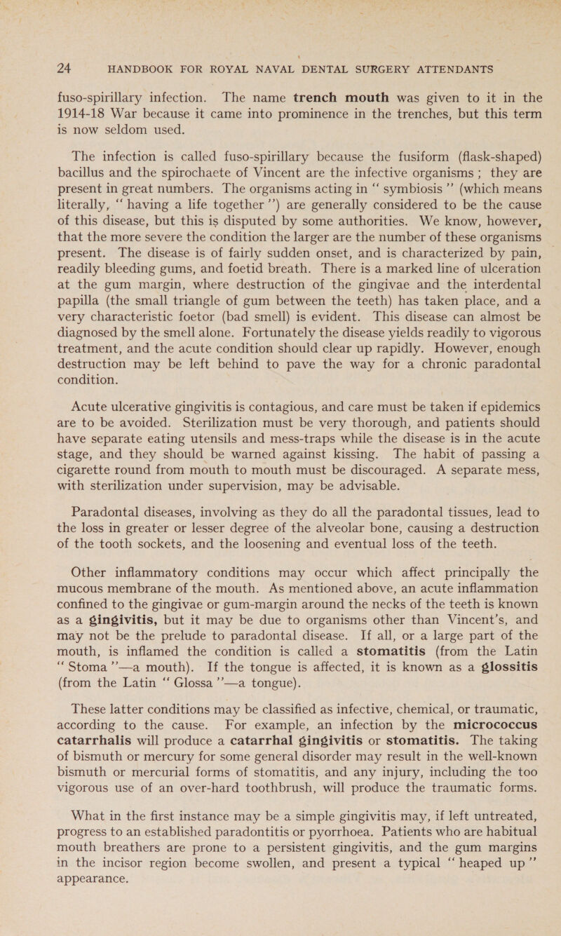 fuso-spirillary infection. The name trench mouth was given to it in the 1914-18 War because it came into prominence in the trenches, but this term is now seldom used. The infection is called fuso-spirillary because the fusiform (flask-shaped) bacillus and the spirochaete of Vincent are the infective organisms ; they are present in great numbers. The organisms acting in ‘‘ symbiosis ”’ (which means literally, “‘ having a life together ’’) are generally considered to be the cause of this disease, but this is disputed by some authorities. We know, however, that the more severe the condition the larger are the number of these organisms present. The disease is of fairly sudden onset, and is characterized by pain, © readily bleeding gums, and foetid breath. There is a marked line of ulceration at the gum margin, where destruction of the gingivae and the interdental papilla (the small triangle of gum between the teeth) has taken place, and a very characteristic foetor (bad smell) is evident. This disease can almost be diagnosed by the smell alone. Fortunately the disease yields readily to vigorous treatment, and the acute condition should clear up rapidly. However, enough destruction may be left behind to pave the way for a chronic paradontal condition. Acute ulcerative gingivitis is contagious, and care must be taken if epidemics are to be avoided. Sterilization must be very thorough, and patients should have separate eating utensils and mess-traps while the disease is in the acute stage, and they should be warned against kissing. The habit of passing a cigarette round from mouth to mouth must be discouraged. A separate mess, with sterilization under supervision, may be advisable. Paradontal diseases, involving as they do all the paradontal tissues, lead to the loss in greater or lesser degree of the alveolar bone, causing a destruction of the tooth sockets, and the loosening and eventual loss of the teeth. Other inflammatory conditions may occur which affect principally the mucous membrane of the mouth. As mentioned above, an acute inflammation confined to the gingivae or gum-margin around the necks of the teeth is known as a Singivitis, but it may be due to organisms other than Vincent’s, and may not be the prelude to paradontal disease. If all, or a large part of the mouth, is inflamed the condition is called a stomatitis (from the Latin “ Stoma ’’—a mouth). If the tongue is affected, it is known as a glossitis (from the Latin ‘‘ Glossa’’—a tongue). These latter conditions may be classified as infective, chemical, or traumatic, according to the cause. For example, an infection by the micrococcus catarrhalis will produce a catarrhal gingivitis or stomatitis. The taking of bismuth or mercury for some general disorder may result in the well-known bismuth or mercurial forms of stomatitis, and any injury, including the too vigorous use of an over-hard toothbrush, will produce the traumatic forms. What in the first instance may be a simple gingivitis may, if left untreated, progress to an established paradontitis or pyorrhoea. Patients who are habitual mouth breathers are prone to a persistent gingivitis, and the gum margins in the incisor region become swollen, and present a typical ‘‘ heaped up ”’ appearance.