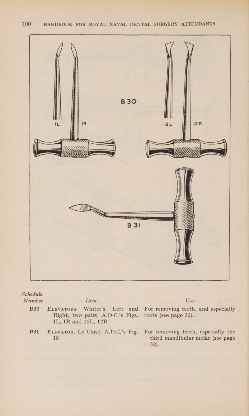   Schedule Number Item Use B30 ELevatTors, Winter’s, Left and For removing teeth, and especially Right, two pairs, A.D.C.’s Figs. roots (see page 32). ti, TReand 122, 121k B31 = Exervartor, Le Cluse, A.D.C.’s Fig. For removing teeth, especially the 18 third mandibular molar (see page 32}.