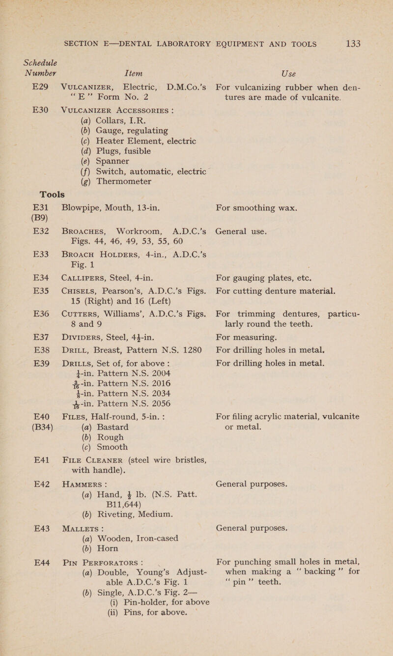 E29 Item VULCANIZER, Electric, D.M.Co.’s “he” Porm No.2 E30 VULCANIZER ACCESSORIES: (a) Collars, I.R. (b) Gauge, regulating (c) Heater Element, electric (d) Plugs, fusible (e) Spanner (f) Switch, automatic, electric (g) Thermometer Tools E31 Blowpipe, Mouth, 13-in. (B9) } E32 #Broacues, Workroom, A.D.C.’s Figs. 44, 46, 49, 53, 55, 60 E33 Broacu Ho.tpers, 4-in., A.D.C.’s fig. i E34 CALLIPERS, Steel, 4-in. E35 CHISELS, Pearson’s, A.D.C.’s Figs. 15 (Right) and 16 (Left) E36 Cutters, Williams’, A.D.C.’s Figs. 8 and 9 E37 ~=DIvIDERS, Steel, 44-in. E38 Dri, Breast, Pattern N.S. 1280 E39 = DrRiILLs, Set of, for above : t-in. Pattern N.S. 2004 #,-in. Pattern N.S. 2016 4-in. Pattern N.S. 2034 fs-in. Pattern N.S. 2056 E40 ~—sC Fixes, Half-round, 5-in. : (B34) (a) Bastard (6) Rough (c) Smooth E41 FILE CLEANER (steel wire bristles, with handle). E42 HAMMERS: (a) Hand, $ lb. (N.S. Patt. B11,644) (6) Riveting, Medium. E43 MALLeEtTs: (a) Wooden, Iron-cased (6) Horn E44 Pin PERFORATORS : (a) Double, Young’s Adjust- able A.D.C.’s Fig. 1 (6). Single, A.D.C.’s Fig. 2— (i) Pin-holder, for above (ii) Pins, for above. 133 Use For vulcanizing rubber when den- tures are made of vulcanite. For smoothing wax. General use. For gauging plates, etc. For cutting denture material. For trimming dentures, larly round the teeth. particu- For measuring. For drilling holes in metal, For drilling holes in metal. For filing acrylic material, vulcanite or metal. General purposes. General purposes. For punching small holes in metal, when making a “ backing ”’ for “pin ’’ teeth.