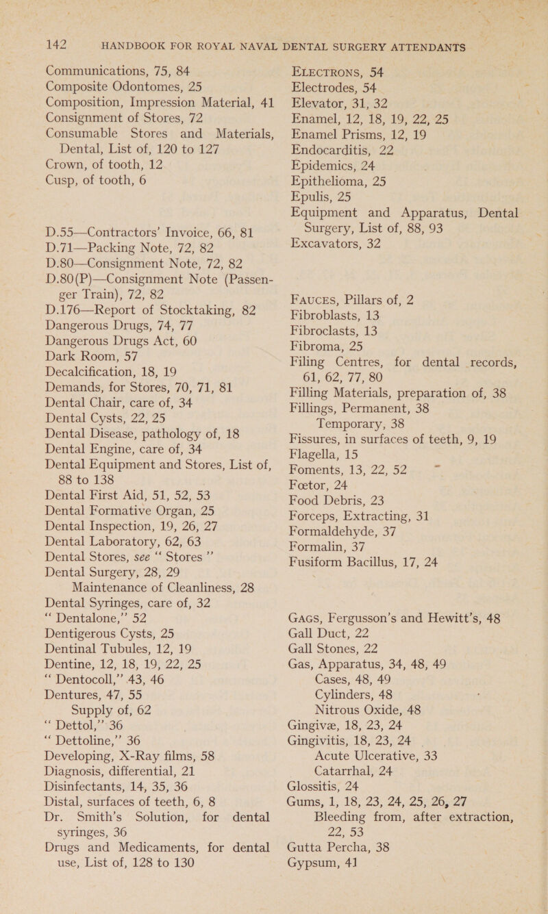 Communications, 75, 84 Composite Odontomes, 25 Composition, Impression Material, 41 Consignment of Stores, 72 Consumable Stores and Materials, Dental, List of, 120 to 127 Crown, of tooth, 12 Cusp, of tooth, 6 D.55—Contractors’ Invoice, 66, 81 D.71—Packing Note, 72, 82 D.80—Consignment Note, 72, 82 D.80(P)—Consignment Note (Passen- ger Train), 72;°82 D.176—Report of Stocktaking, 82 Dangerous Drugs, 74, 77 Dangerous Drugs Act, 60 Dark Room, 57 Decalcification, 18, 19 Demands, for Stores, 70, 71, 81 Dental Chair, care of, 34 Dental Cysts, 22, 25 Dental Disease, pathology of, 18 Dental Engine, care of, 34 Dental Equipment and Stores, List of, 88 to 138 | Dental First Aid, 51, 52, 53 Dental Formative Organ, 25 Dental Inspection, 19, 26, 27 Dental Laboratory, 62, 63 Dental Stores, see ‘“‘ Stores’ Dental Surgery, 28, 29 Maintenance of Cleanliness, 28 Dental Syringes, care of, 32 “Dentalone,’’ 52 Dentigerous Cysts, 25 Dentinal Tubules, 12, 19 Dentine, 12, 18, 19, 22, 25 “ Dentocoll,” .43, 46 Dentures, 47, 55 Supply of, 62 “ Dettol,’”’ 36 “ Dettoline,”’ 36 Developing, X-Ray films, 58 Diagnosis, differential, 21 Disinfectants, 14, 35, 36 Distal, surfaces of teeth, 6, 8 Dr. Smith’s Solution, for dental Syringes, 36 Drugs and Medicaments, for dental use, List of, 128 to 130 , ELECTRONS, 54 Electrodes, 54 Elevator, 31, 32 Enamel, 12, 18, 19, 22, 25 Enamel Prisms, 12, 19 Endocarditis, 22 Epidemics, 24 Epithelioma, 25 Epulis, 25 Equipment and Apparatus, Dental Surgery, List of, 88, 93 Excavators, 32 Fauces, Pillars of, 2 Fibroblasts, 13 Fibroclasts, 13 Fibroma, 25 Filing Centres, for dental records, 61,,62; 77, 80 Filling Materials, preparation of, 38 Fillings, Permanent, 38 Temporary, 38 Fissures, in surfaces of teeth, 9, 19 Flagella, 15 Foments, 13, 22, 52 ‘a Foetor, 24 Food Debris, 23 Forceps, Extracting, 31 Formaldehyde, 37 Formalin, 37 Fusiform Bacillus, 17, 24 Gacs, Fergusson’s and Hewitt’s, 48 Gall Duct, 22 Gall Stones, 22 Gas, Apparatus, 34, 48, 49 Cases, 48, 49 Cylinders, 48 Nitrous Oxide, 48 Gingive, 18, 23, 24 Gingivitis, 18, 23, 24 | Acute Ulcerative, 33 ' -GCatarrhalg24 Glossitis, 24 Gums, 1, 18; 23, 24,255 26927 Bleeding from, after extraction, 22, 53 Gutta Percha, 38 Gypsum, 41