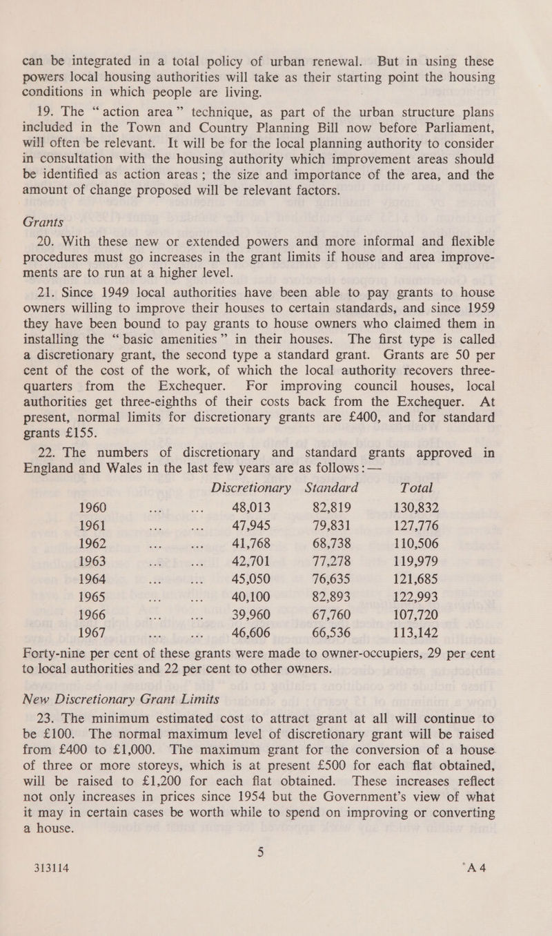 can be integrated in a total policy of urban renewal. But in using these powers local housing authorities will take as their api: point the housing conditions in which Sai a are living. 19. The “action area” technique, as part of the urban structure plans included in the Town and Country Planning Bill now before Parliament, will often be relevant. It will be for the local planning authority to consider in consultation with the housing authority which improvement areas should be identified as action areas; the size and importance of the area, and the amount of change proposed will be relevant factors. Grants 20. With these new or extended powers and more informal and flexible procedures must go increases in the grant limits if house and area improve- ments are to run at a higher level. 21. Since 1949 local authorities have been able to pay grants to house owners willing to improve their houses to certain standards, and since 1959 they have been bound to pay grants to house owners who claimed them in installing the “basic amenities” in their houses. The first type is called a discretionary grant, the second type a standard grant. Grants are 50 per cent of the cost of the work, of which the local authority recovers three- quarters from the Exchequer. For improving council houses, local authorities get three-eighths of their costs back from the Exchequer. At present, normal limits for discretionary grants are £400, and for standard grants £155. 22. The numbers of discretionary and standard grants approved in England and Wales in the last few years are as follows :— Discretionary Standard Total 1960 ae et 48,013 82,819 130,832 1961 eo ite 47,945 79,831 127,476 1962 om as 41,768 68,738 110,506 1963 vad a 42,701 77,278 119,979 1964 Rt it 45,050 76,635 121,685 1965 ao ik 40,100 82,893 122,993 1966 ae re 39,960 67.760 107,720 1967 i nde 46,606 66,536 113,142 Forty-nine per cent of these grants were made to owner-occupiers, 29 per cent to local authorities and 22 per cent to other owners. New Discretionary Grant Limits 23. The minimum estimated cost to attract grant at all will continue to be £100. The normal maximum level of discretionary grant will be raised from £400 to £1,000. The maximum grant for the conversion of a house. of three or more storeys, which is at present £500 for each flat obtained, will be raised to £1,200 for each flat obtained. These increases reflect not only increases in prices since 1954 but the Government’s view of what it may in certain cases be worth while to spend on improving or converting a house.