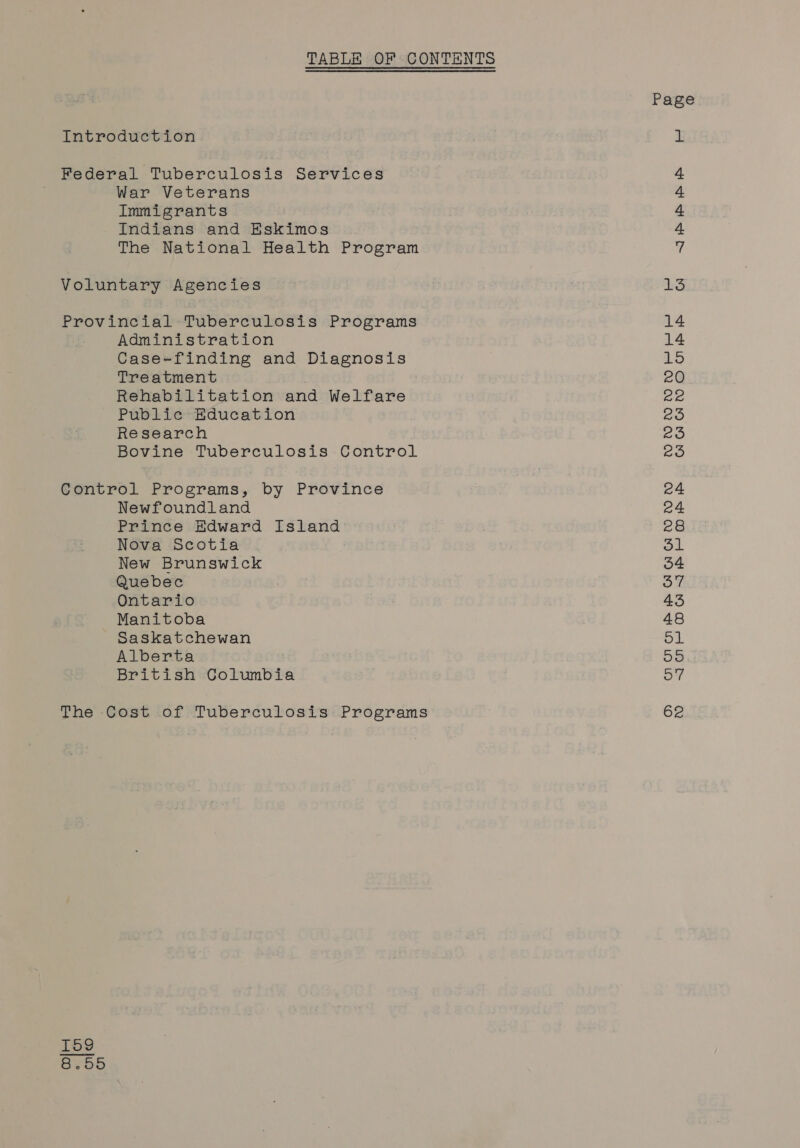 Introduction Federal Tuberculosis Services War Veterans Immigrants Indians and Eskimos The National Health Program Voluntary Agencies Provincial Tuberculosis Programs . Administration Case-finding and Diagnosis Treatment . Rehabilitation and Welfare Public Education Research Bovine Tuberculosis Control Control Programs, by Province Newfoundland Prince Edward Island Nova Scotia New Brunswick Quebec Ontario Manitoba Saskatchewan Alberta British Columbia The Cost of Tuberculosis Programs = e {Ol co OO oO on Page SoS BR