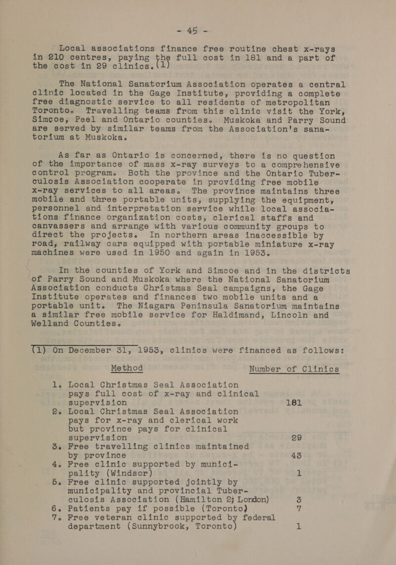 se, SET Local associations finance free routine chest x-rays in 210 centres, paying the full cost in 181 and a part of the cost in 29 clinics. The National Sanatorium Association operates a central clinic located in the Gage Institute, providing a complete free diagnostic service to all residents of metropolitan Toronto. Travelling teams from this clinic visit the York, Simcoe, Peel and Ontario counties. Muskoka and Parry Sound are served by similar teams from the Association's sana- torium at Muskoka. As far as Ontario is concerned, there is no question of the importance of mass x-ray surveys to a comprehensive control program. Both the province and the Ontario Tuber- culosis Association cooperate in providing free mobile X-ray services to all areas. The province maintains three mobile and three portable units, supplying the equipment, personnel and interpretation service while local associa- tions finance organization costs, clerical staffs and canvassers and arrange with various community groups to direct the projects. In northern areas inaccessible by road, railway cars equipped with portable miniature x-ray machines were used in 1950 and again in 1953. In the counties of York and Simcoe and in the districts of Parry Sound and Muskoka where the National Sanatorium Association conducts Christmas Seal campaigns, the Gage Institute operates and finances two mobile units and a portable unit. The Niagara Peninsula Sanatorium maintains a similar free mobile service for Haldimand, Lincoln and Welland Counties. (1) On December 31, 1953, clinics were financed as follows: Method Number of Clinics i. Local Christmas Seal Association pays full cost of x-ray and clinical Supervision 181 2. Local Christmas Seal Association pays for x-ray and clerical work but province pays for clinical supervision 29 56 Free travelling clinics maintained by province 43 4, Free clinic supported by munici- pality (Windsor) 1 De Free clinic supported jointly by municipality and provincial Tuber- culosis Association (Hamilton 23 London) 3 6. Patients pay if possible (Toronto) 7 7. Free veteran clinic supported by federal