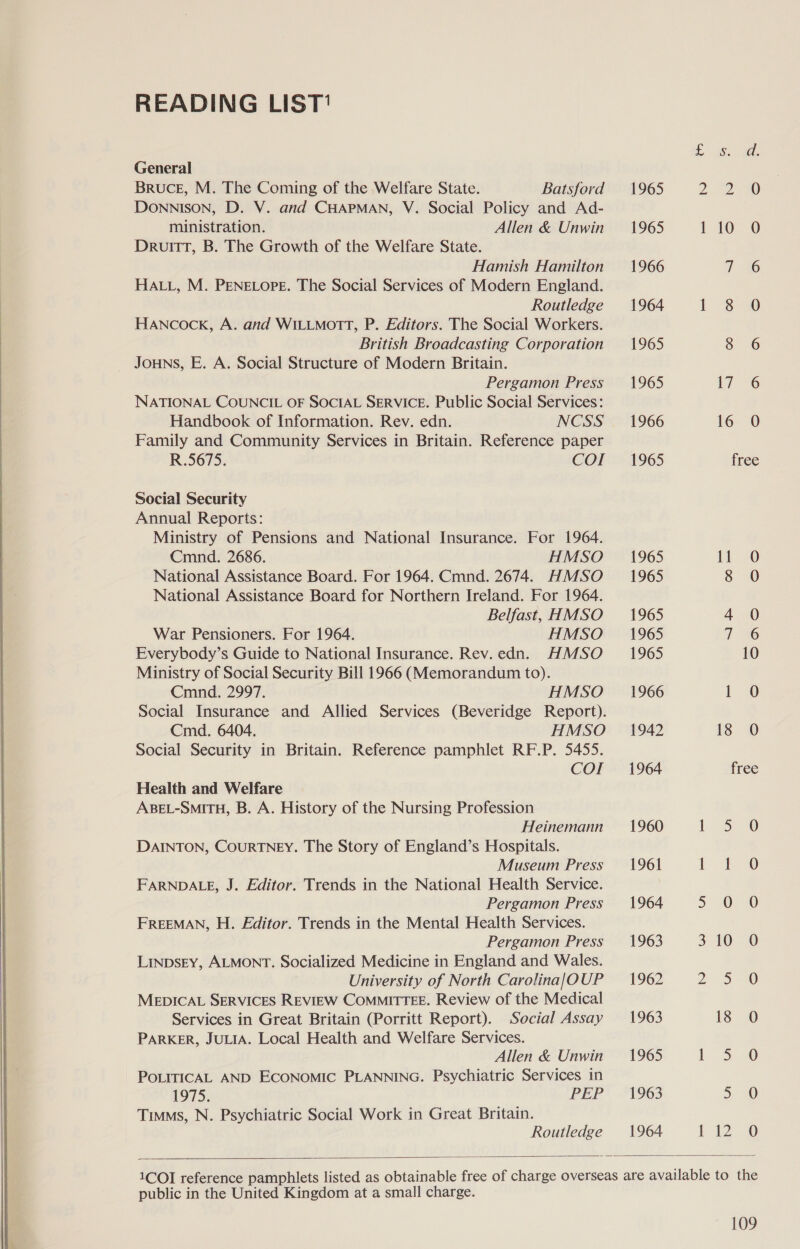    READING LIST! General Bruce, M. The Coming of the Welfare State. Batsford DONNISON, D. V. and CHAPMAN, V. Social Policy and Ad- ministration. Allen &amp; Unwin Druitt, B. The Growth of the Welfare State. Hamish Hamilton HALL, M. PENELOPE. The Social Services of Modern England. Routledge Hancock, A. and WILLMOTT, P. Editors. The Social Workers. British Broadcasting Corporation JOHNS, E. A. Social Structure of Modern Britain. Pergamon Press NATIONAL COUNCIL OF SOCIAL SERVICE. Public Social Services: Handbook of Information. Rev. edn. NCSS Family and Community Services in Britain. Reference paper R.5675. COI Social Security Annual Reports: Ministry of Pensions and National Insurance. For 1964. Cmnd. 2686. ; HMSO National Assistance Board. For 1964. Cmnd. 2674. HMSO National Assistance Board for Northern Ireland. For 1964. Belfast, HMSO War Pensioners. For 1964. HMSO Everybody’s Guide to National Insurance. Rev. edn. HMSO Ministry of Social Security Bill 1966 (Memorandum to). Cmnd. 2997. HMSO Social Insurance and Allied Services (Beveridge Report). Cmd. 6404. HMSO Social Security in Britain. Reference pamphlet RF.P. 5455. COI Health and Welfare ABEL-SMITH, B. A. History of the Nursing Profession Heinemann DAINTON, COURTNEY. The Story of England’s Hospitals. Museum Press FARNDALE, J. Editor. Trends in the National Health Service. Pergamon Press FREEMAN, H. Editor. Trends in the Mental Health Services. Pergamon Press LinpsEy, ALMONT. Socialized Medicine in England and Wales. University of North Carolinal[OUP MEDICAL SERVICES REVIEW COMMITTEE. Review of the Medical Services in Great Britain (Porritt Report). Social Assay PARKER, JULIA. Local Health and Welfare Services. Allen &amp; Unwin POLITICAL AND ECONOMIC PLANNING. Psychiatric Services in 1975. PEP Timms, N. Psychiatric Social Work in Great Britain. Routledge 1965 1965 1966 1964 1965 1965 1966 1965 1965 1965 1965 1965 1965 1966 1942 1964 1960 1961 1964 1963 1962 1963 1965 1963 1964 7 © lon @ free lL 5 0 La  public in the United Kingdom at a small charge.